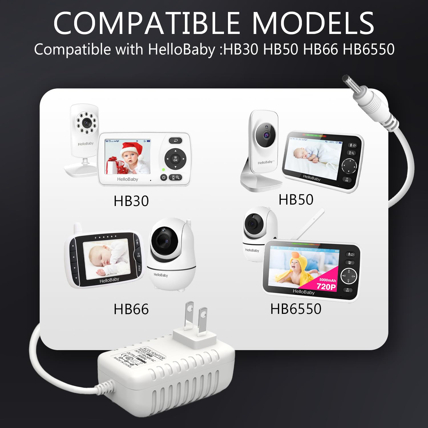 Pinkind HelloBaby 5V charger side view with slim profile for bedside placement.