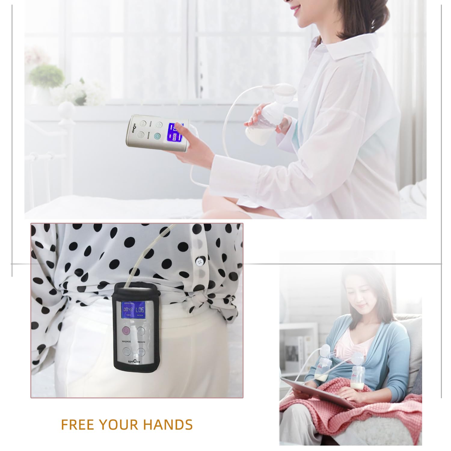 Pinklilycare Spectra 9 Plus hands-free breastfeeding setup with secure clip