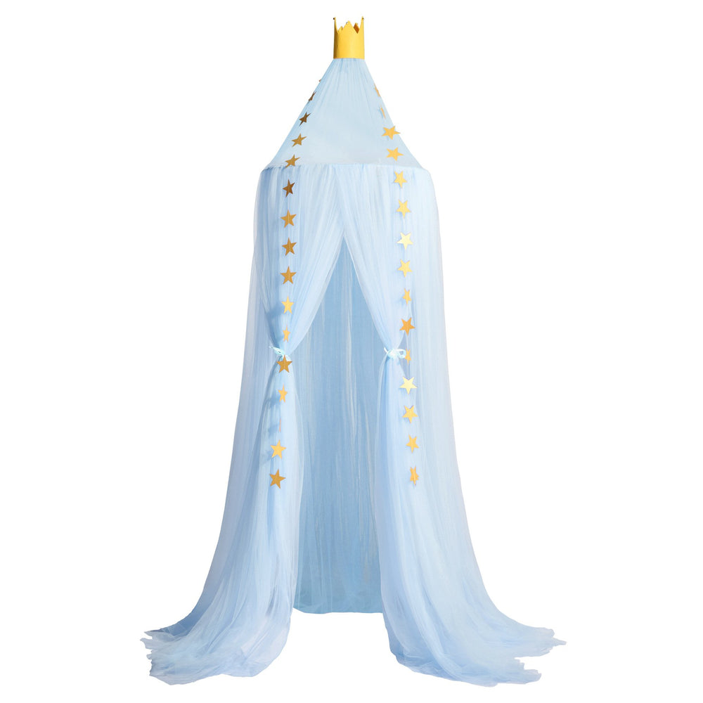 Pinkrin princess bed canopy in blue glowing above a reading nook setup