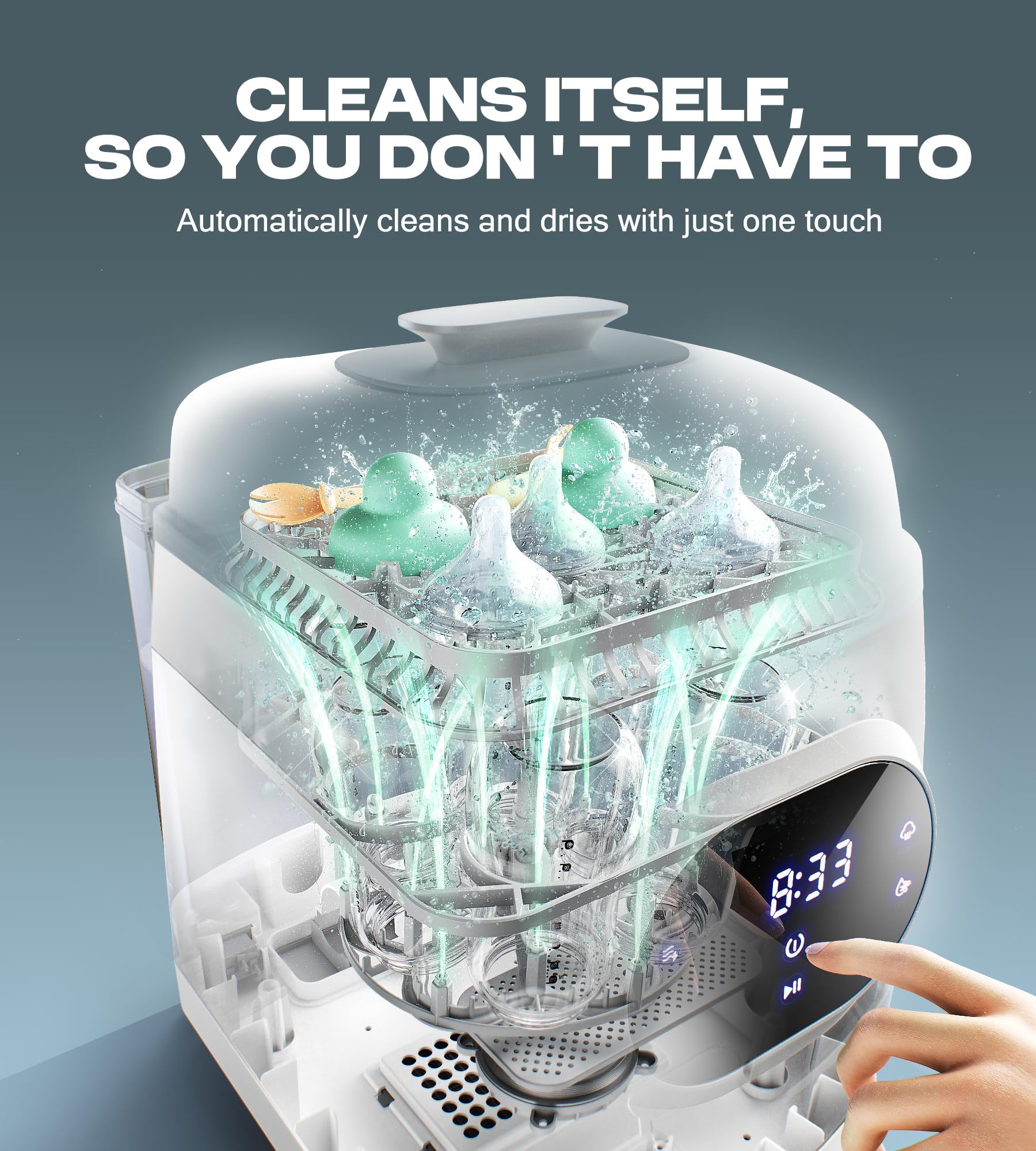 PINNGUSHI 360° jets image demonstrates deep-clean coverage for bottles.