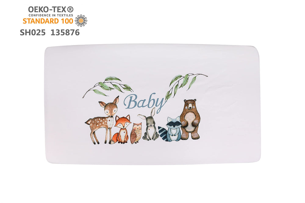 PINNKKU woodland crib sheet fitted to standard crib for easy care and snug fit