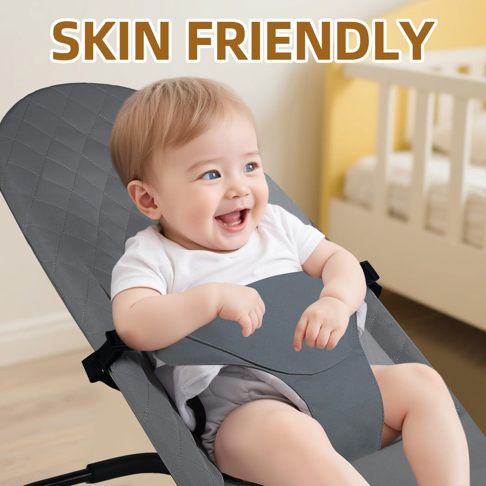 Machine washable grey cover keeps the bouncer fresh