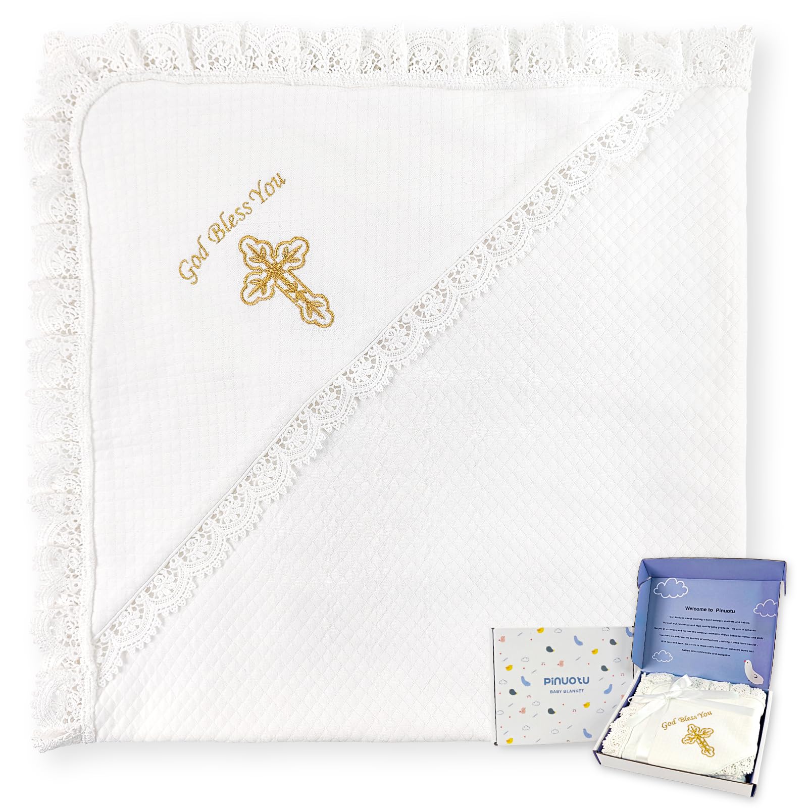 Pinuotu baptism blanket hood in soft padded cotton for newborn warmth