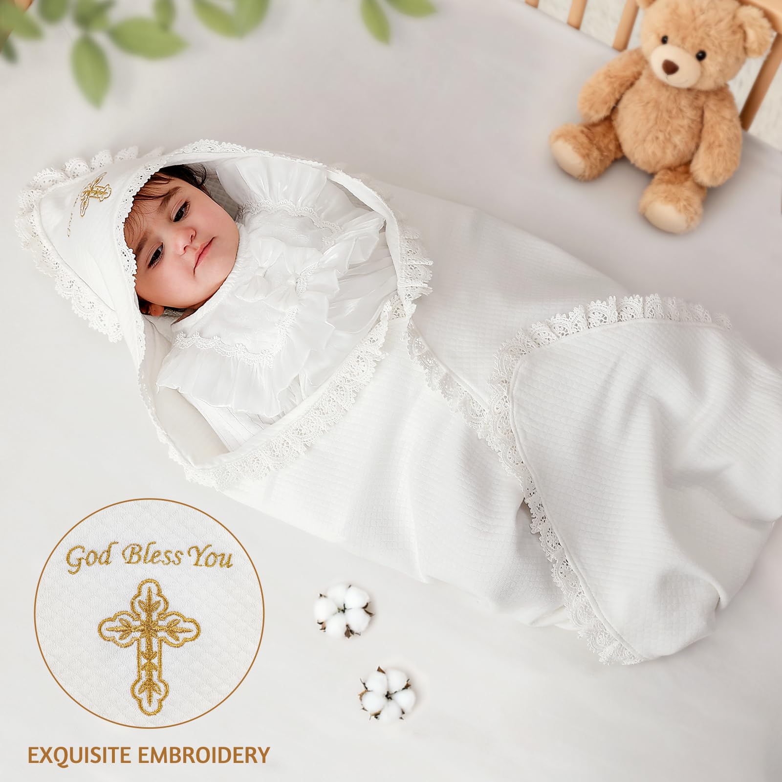 Pinuotu christening lace embroidery detail adds ceremonial elegance for keepsake moments