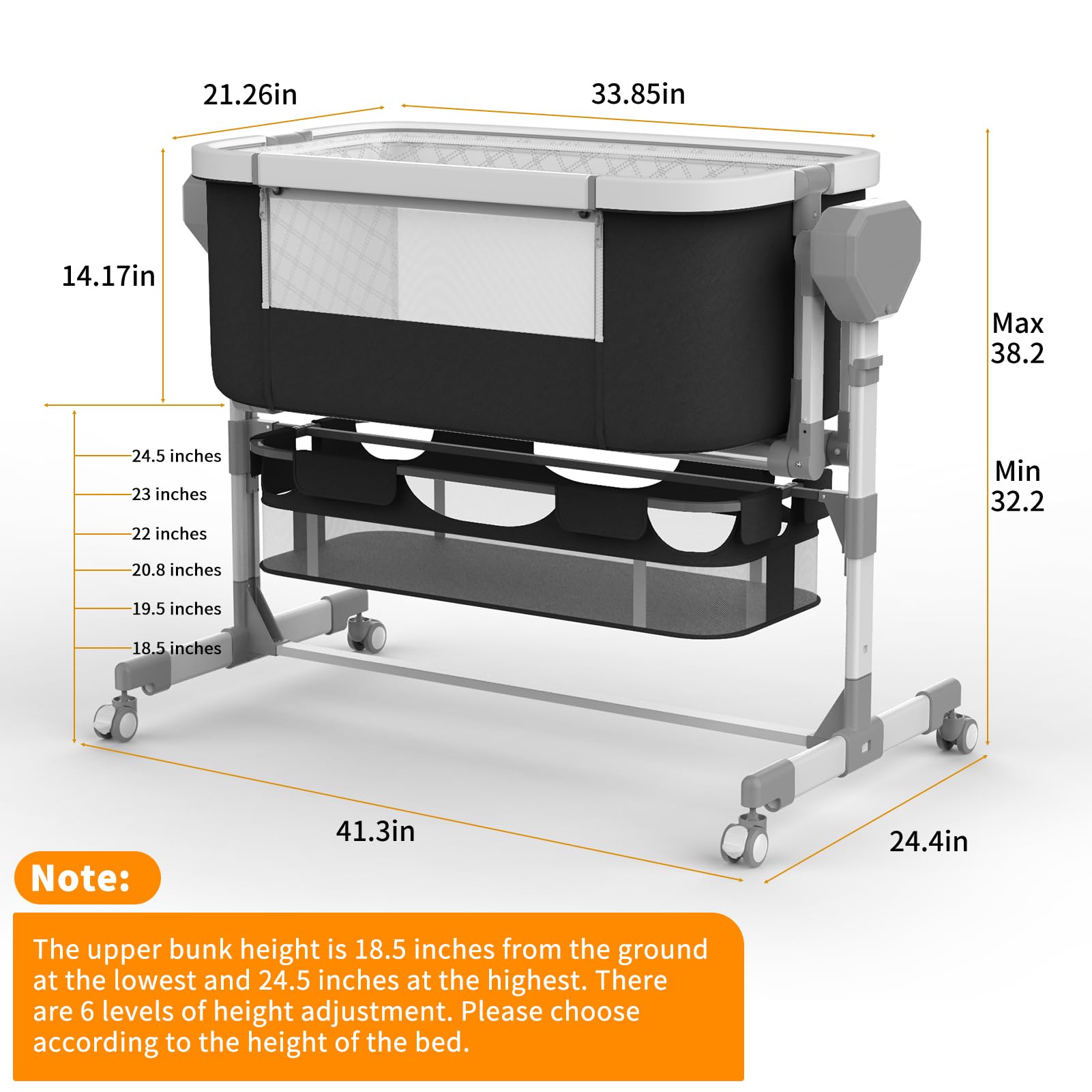 Pionevox bassinet on wheels with built-in storage.