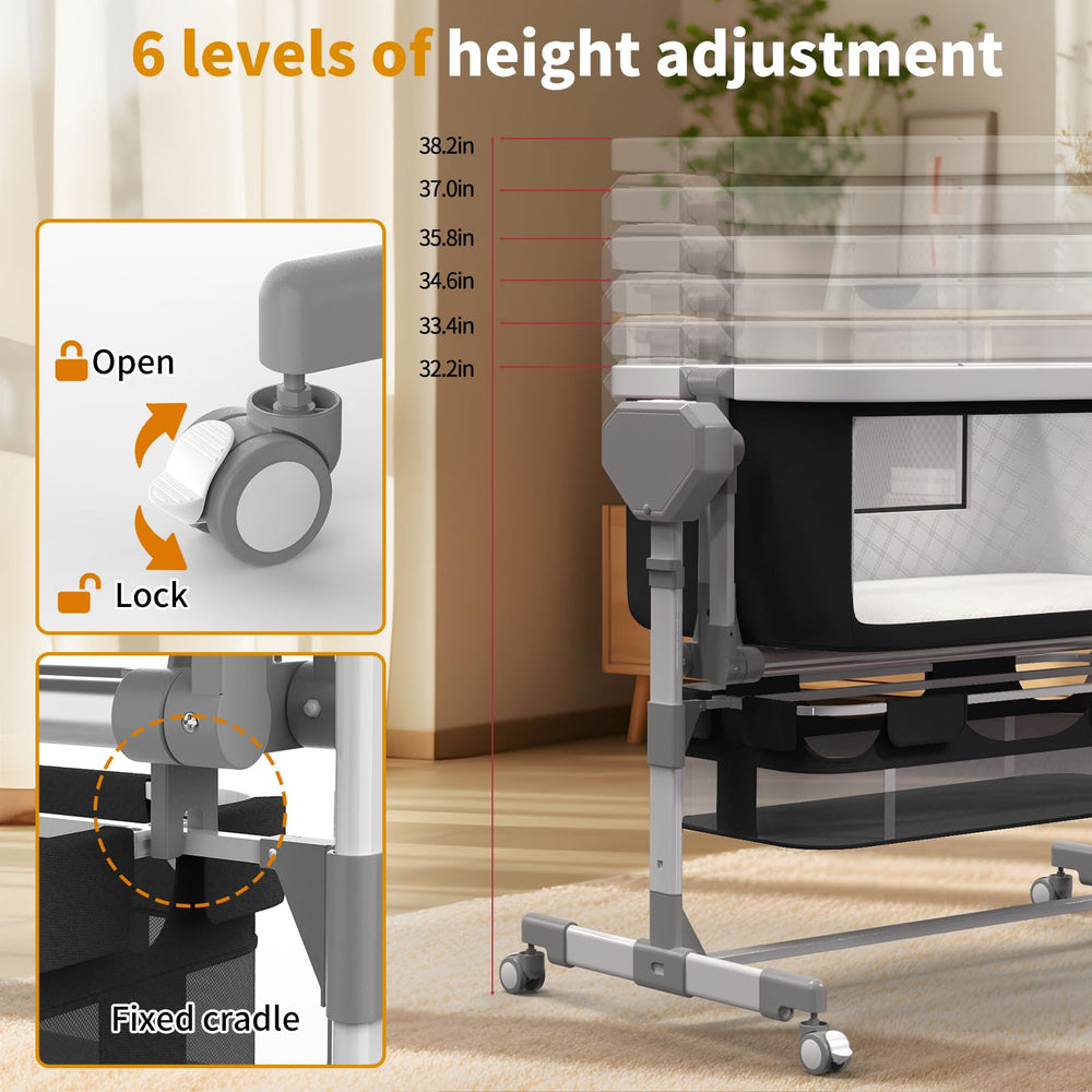 Pionevox compact folding bassinet for space-saving setup.