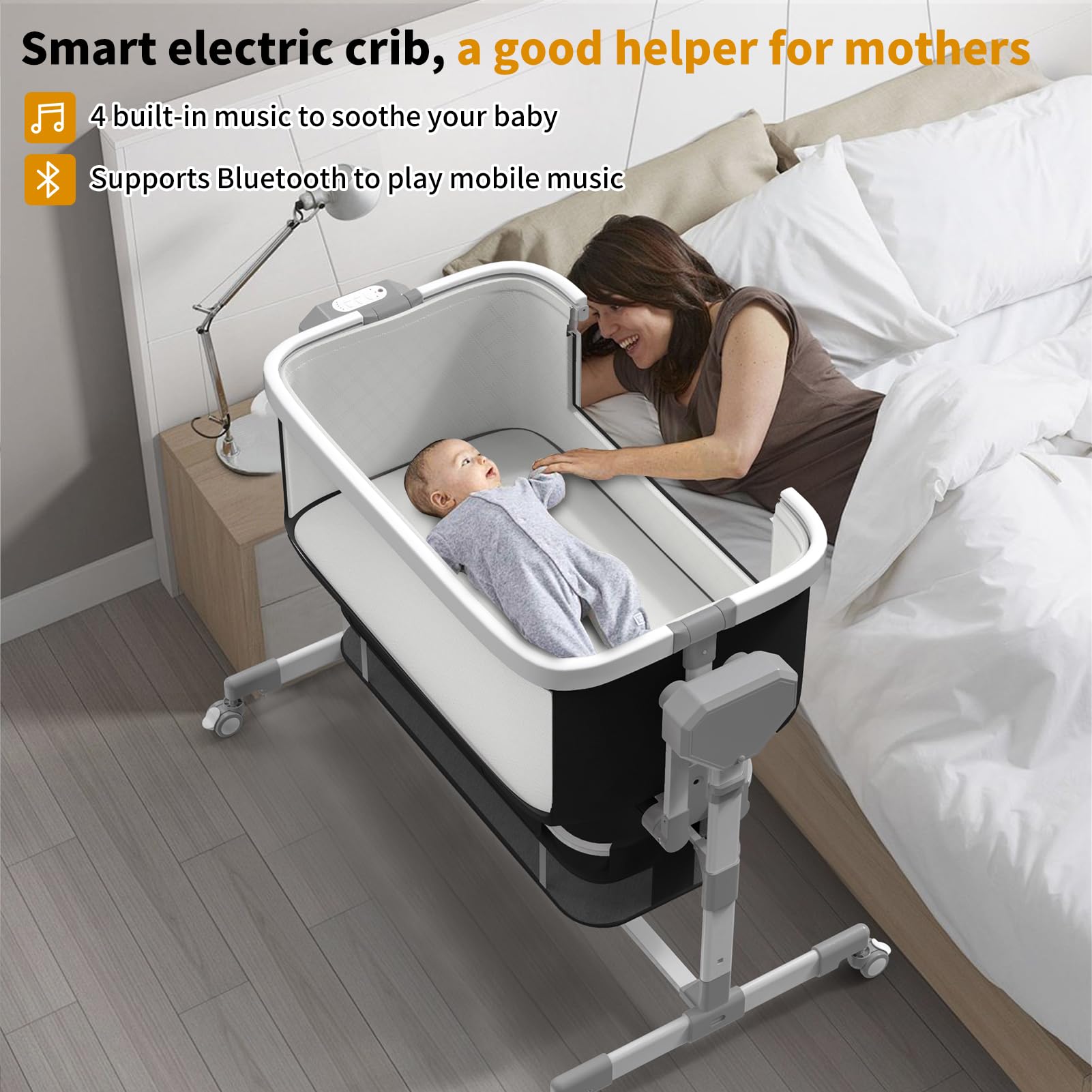 Pionevox electric bassinet with automatic rocking and soothing motions.