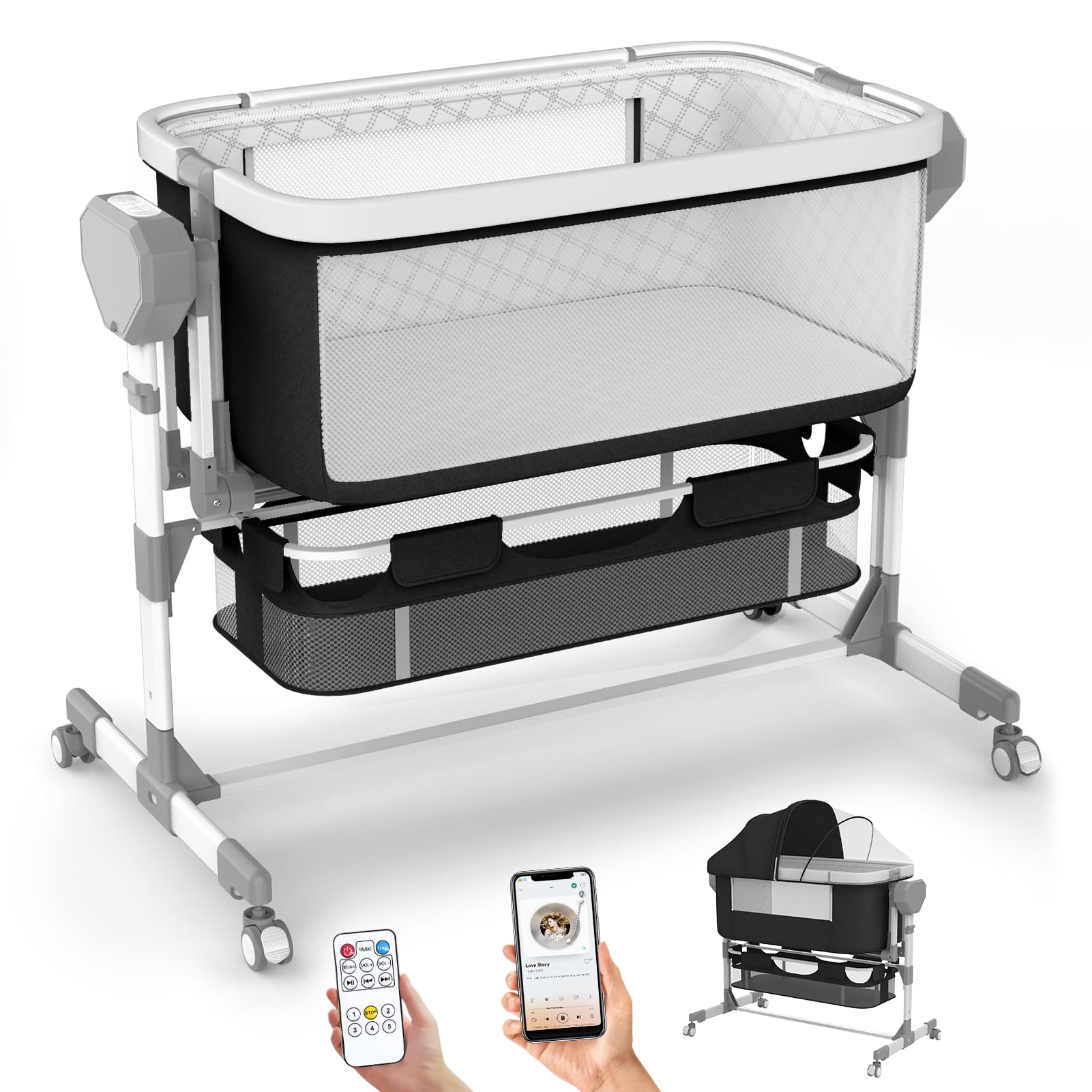 Pionevox rocking bassinet bedside sleeper with adjustable height for easy access.