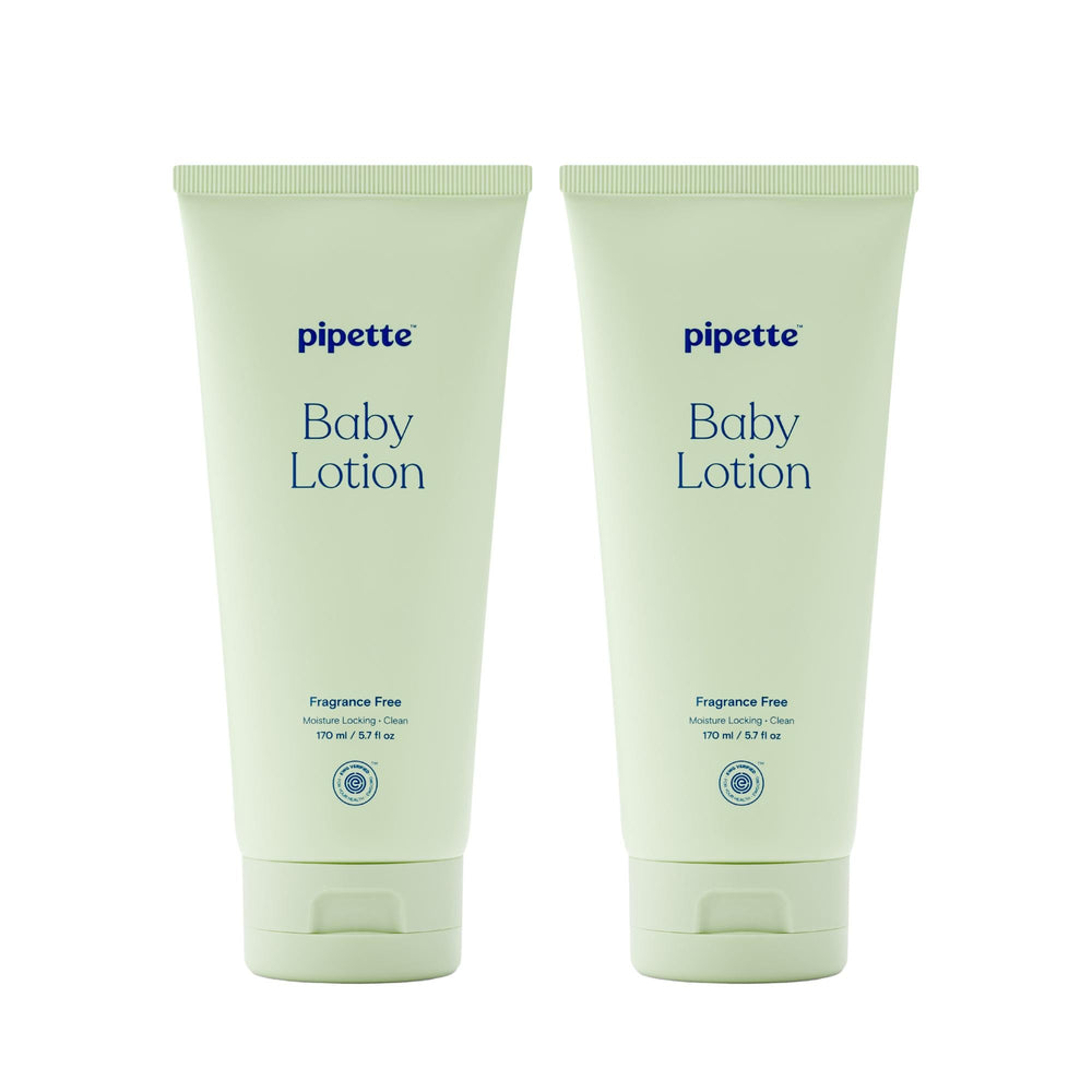 Pipette Baby Lotion bottle close-up highlighting fragrance-free formula for sensitive skin