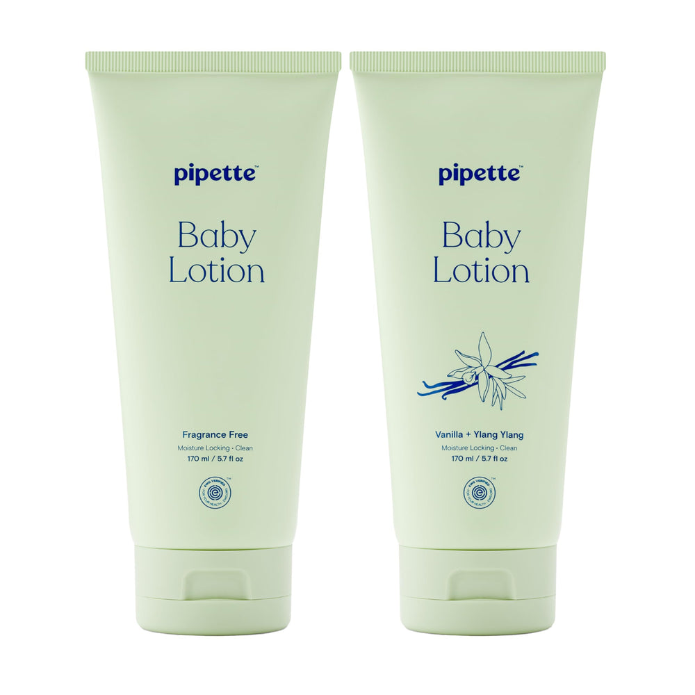 Pipette Baby Lotion Discovery Duo fragrance-free bottle showing gentle hydration for sensitive skin