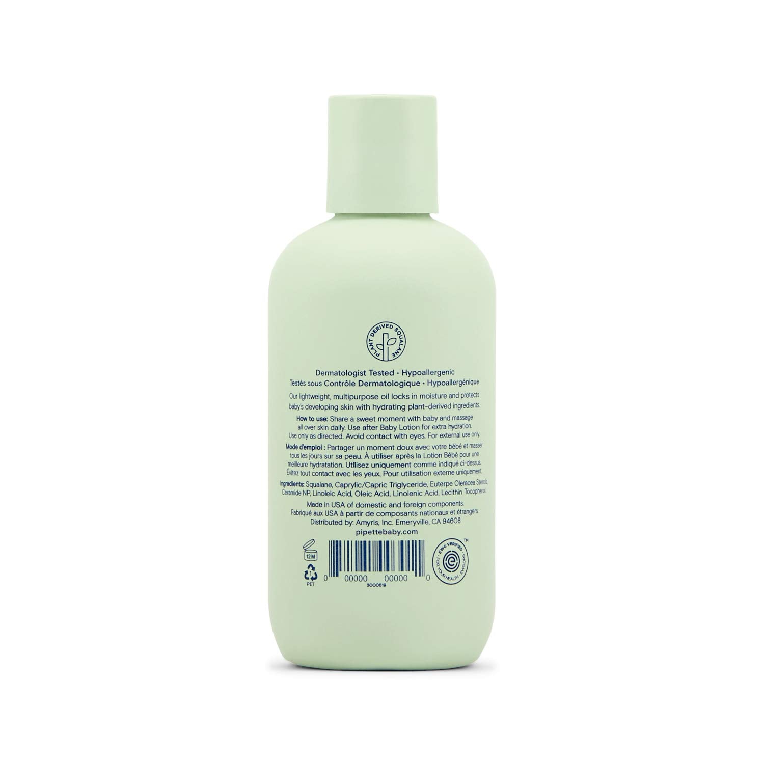 Pipette Baby Oil with antioxidants vitamin E and açaí for nourished skin.