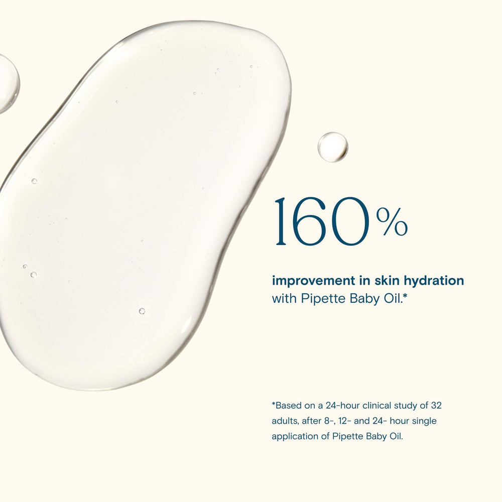 Pipette Baby Oil highlighting ceramides and oils to support moisture in baby skin.
