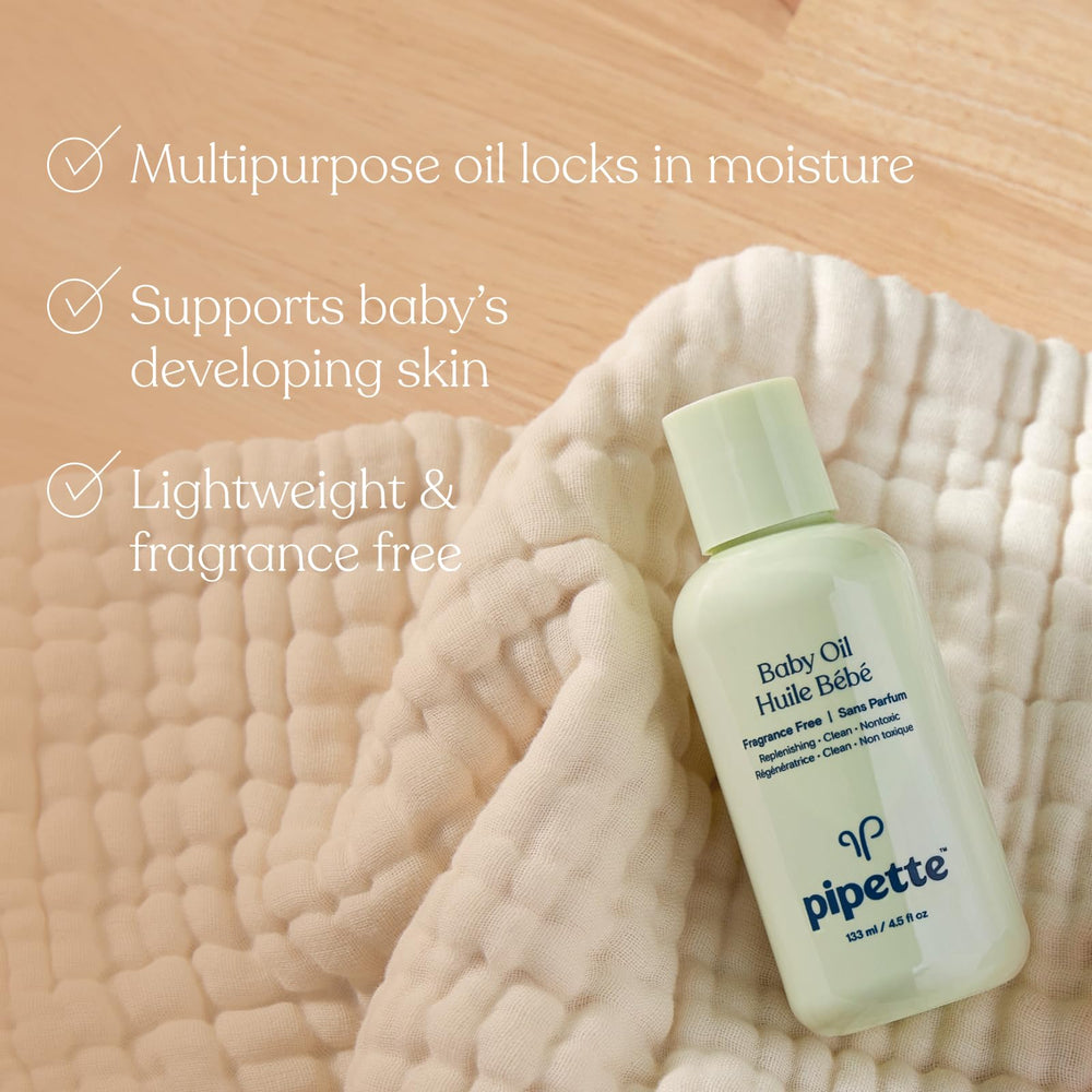 Pipette Baby Oil showcasing sugarcane-derived squalane for stable, lightweight hydration.