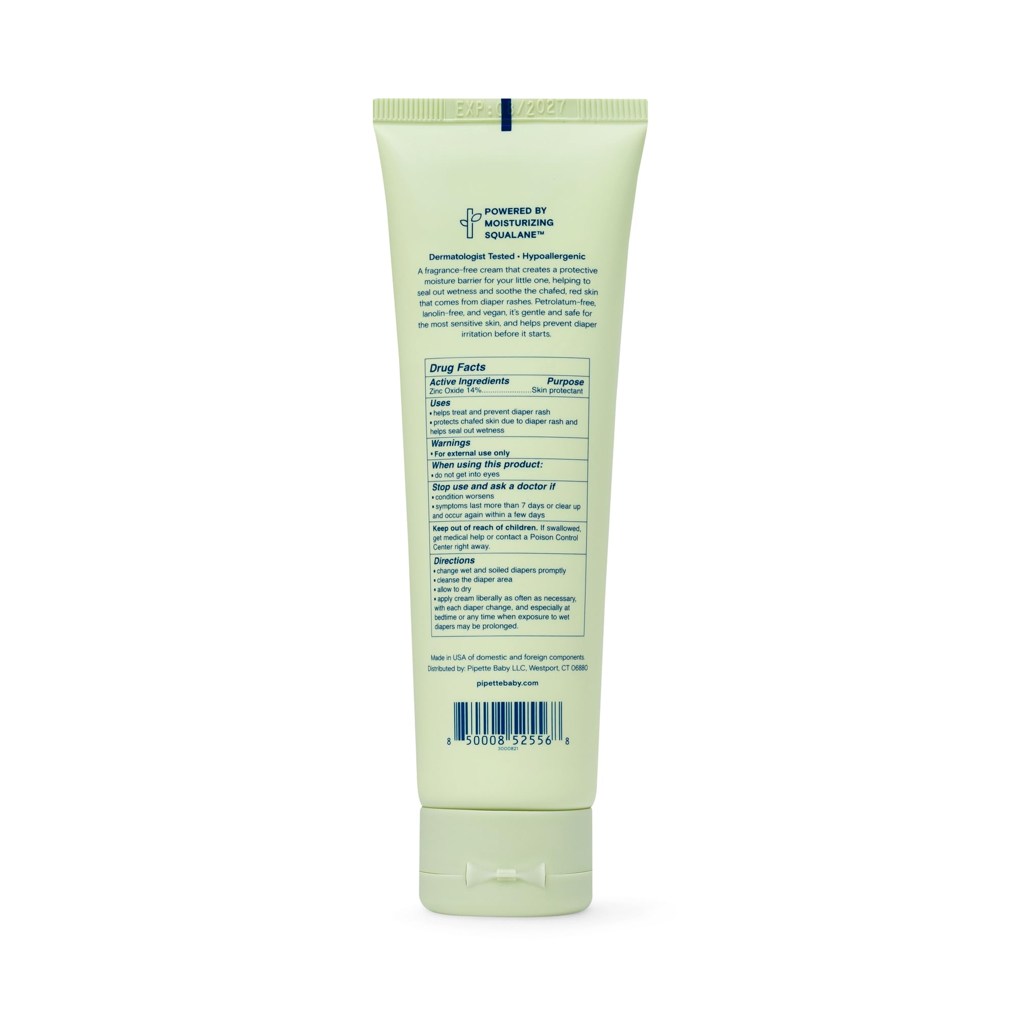 Pipette fragrance-free diaper cream texture closeup with acai berry sterols and zinc oxide.