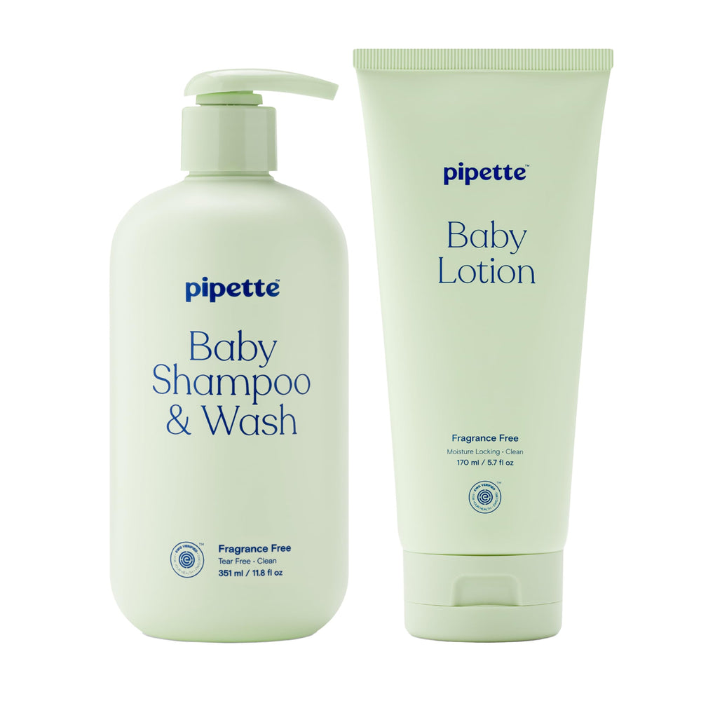 Pipette fragrance-free wash and shampoo for newborn skin, gentle cleansing.