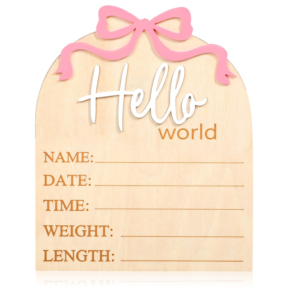 Piriuuo Hello World sign with pink bow for newborn photo prop and nursery decor.