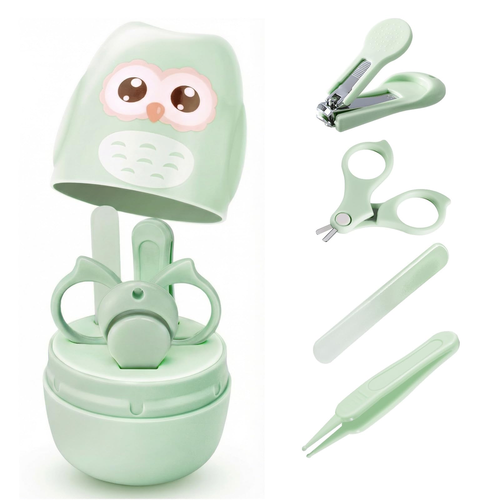 PIXFAIRY baby nail kit close-up with owl case and safety clippers.
