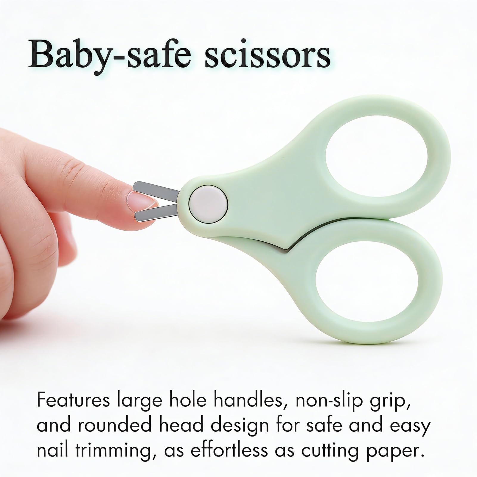 PIXFAIRY baby nail scissors demonstrating gentle trimming.