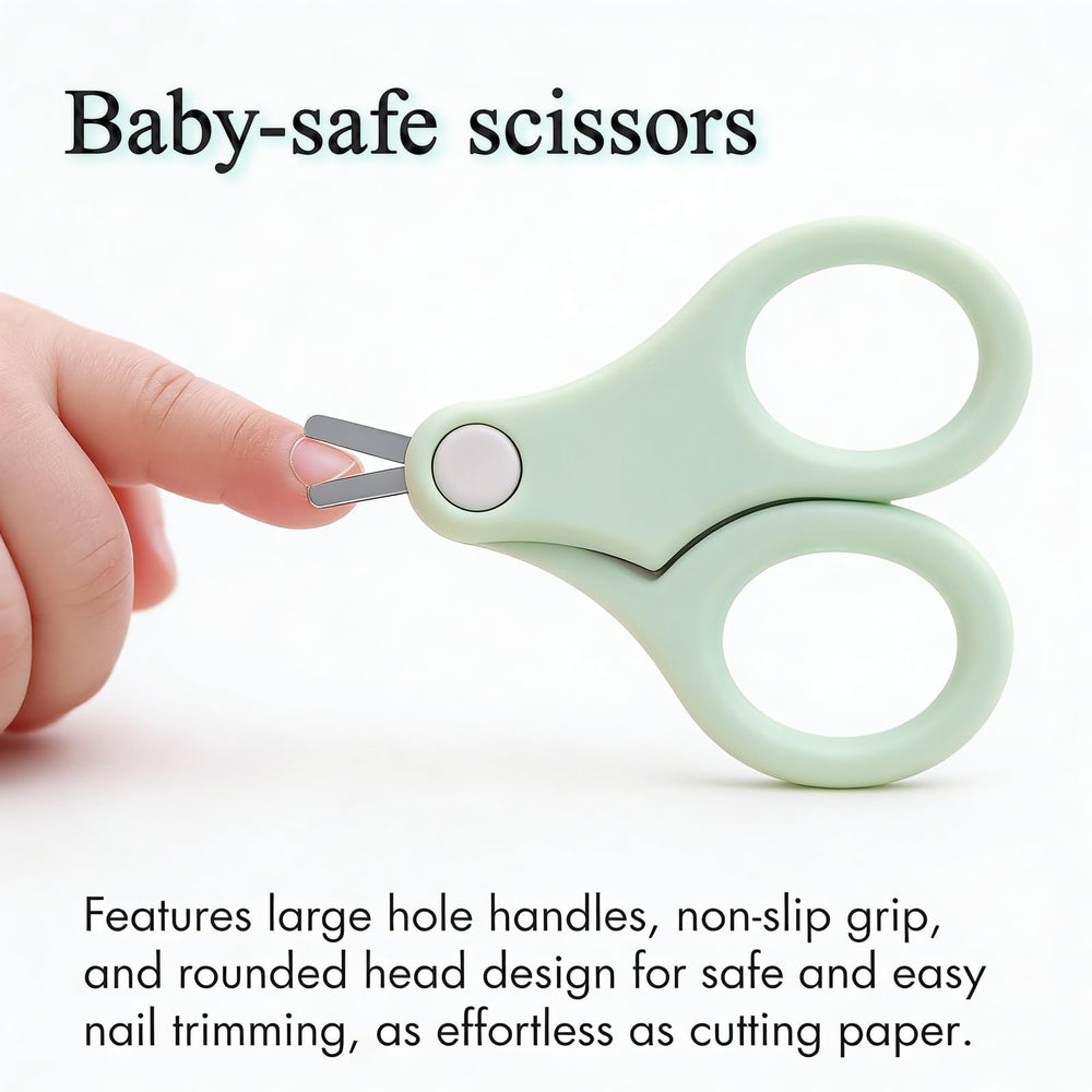 PIXFAIRY baby nail scissors demonstrating gentle trimming.