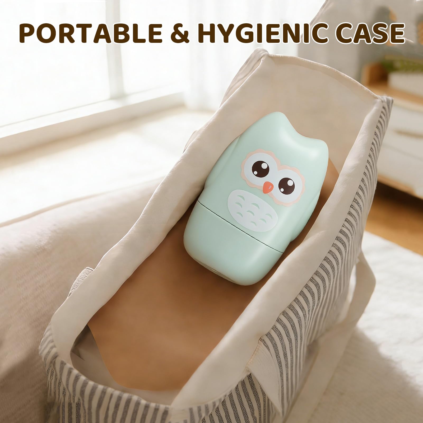 PIXFAIRY green owl case open reveals organized grooming tools.