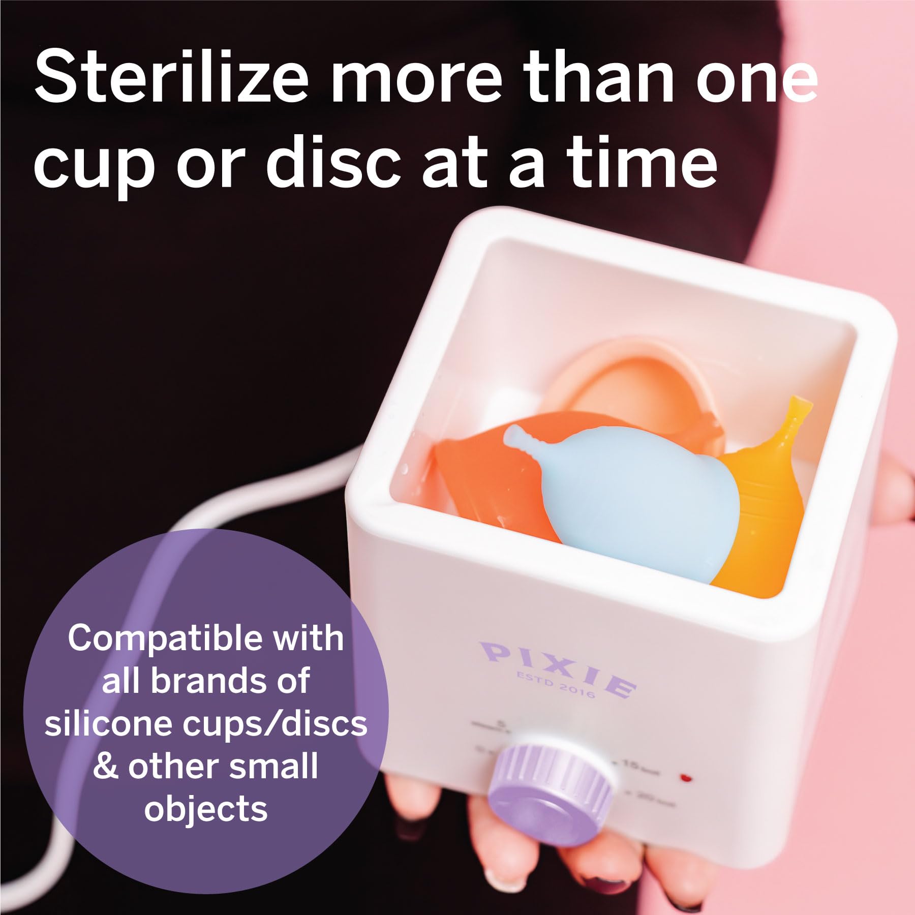 Pixie Cup boiler sterilizer with cups and discs inside for ready use