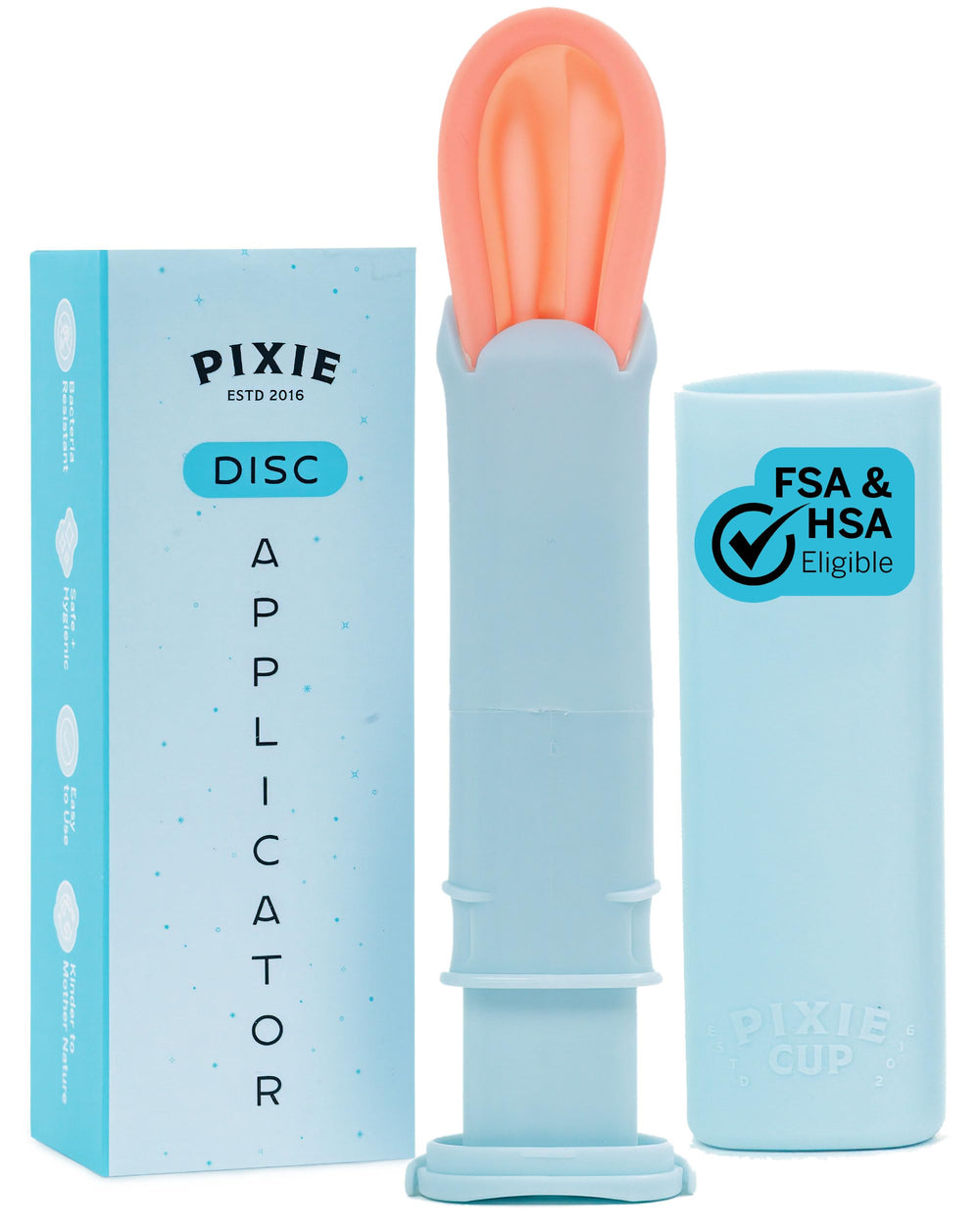 Pixie Cup disc applicator in blue for easy, tampon-like insertion.