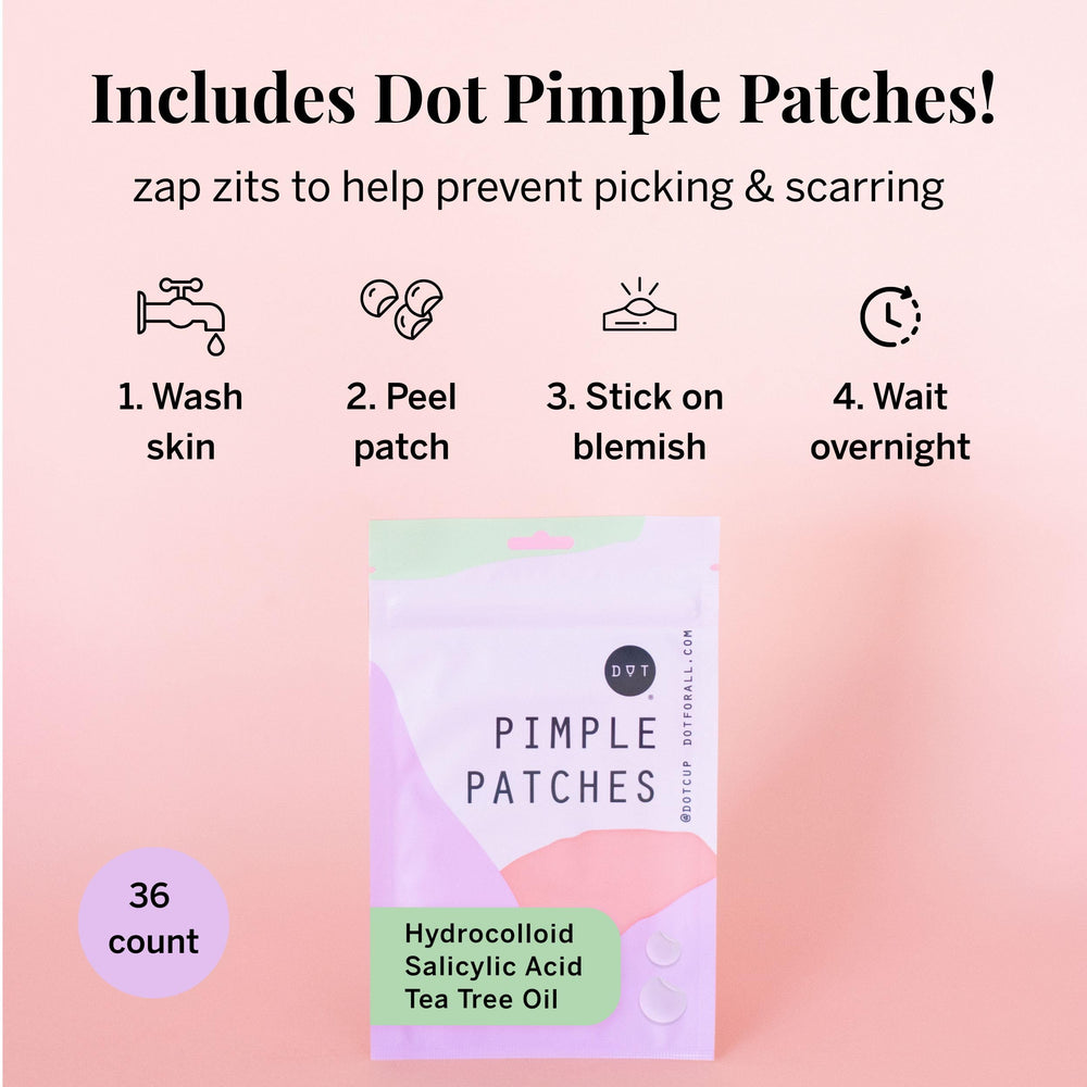 Pixie Cup dot patches image shows soothing care for blemish-prone skin