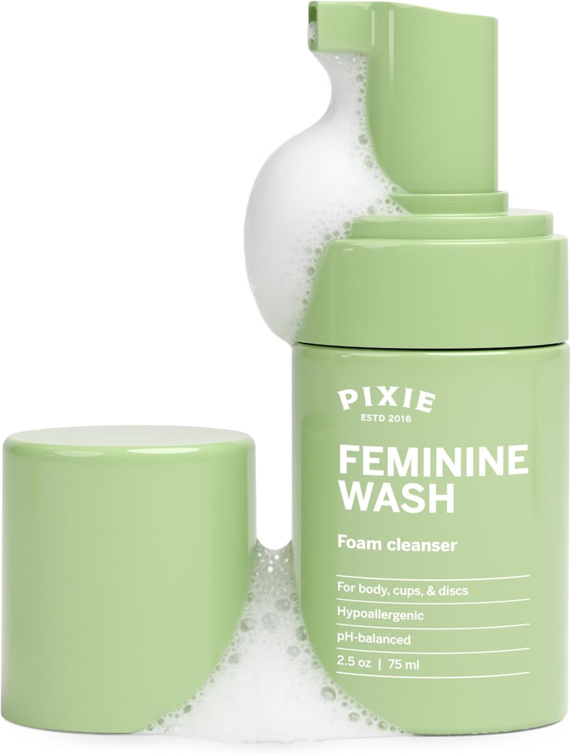 Pixie Cup feminine wash foaming pump closeup showing gentle cleansing foam for sensitive skin
