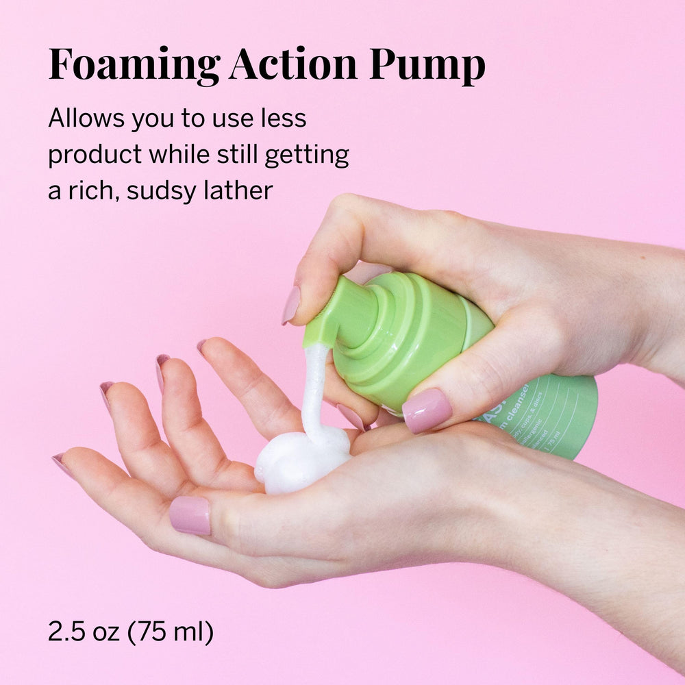 Pixie Cup foaming action shown with airy lather, offering gentle cleansing with less product