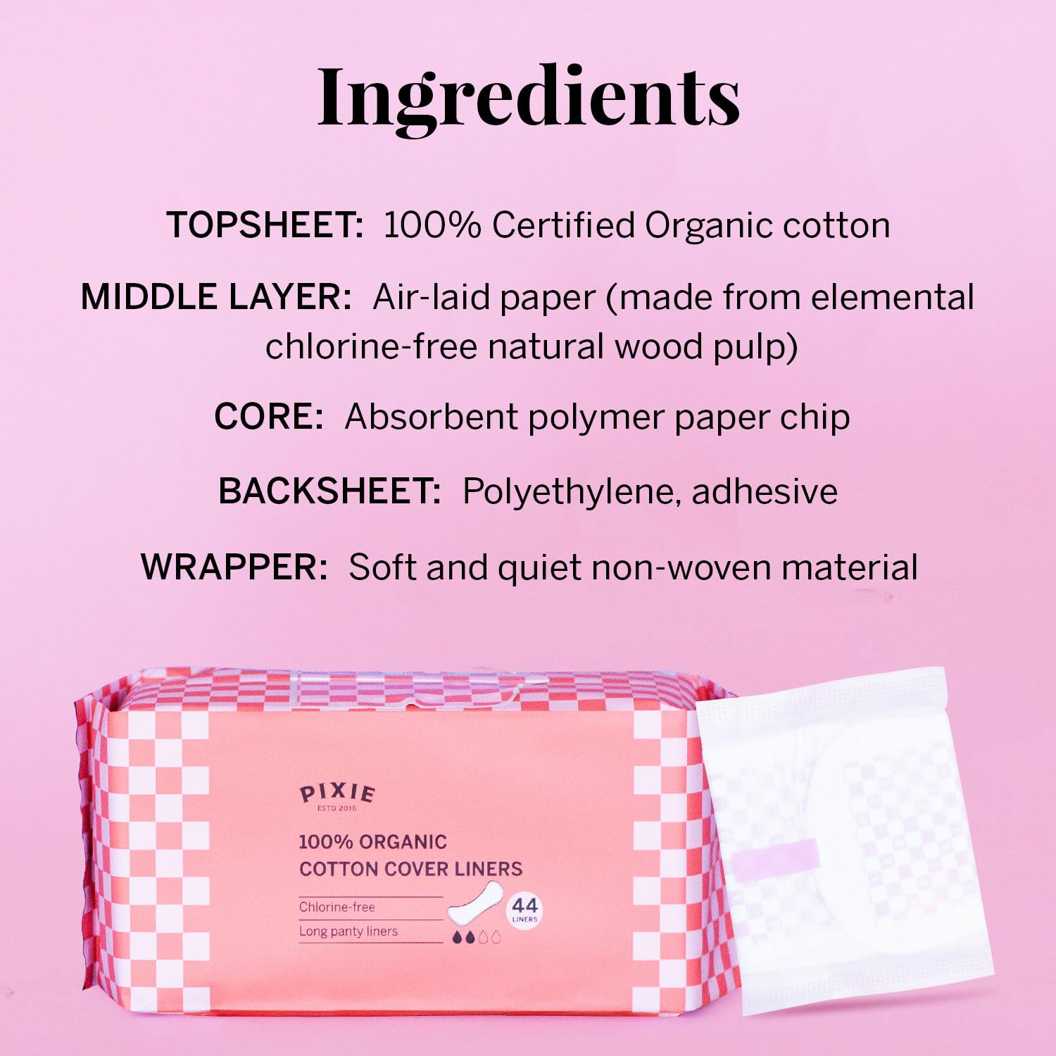 Pixie Cup long panty liner packaging is compostable and eco-friendly.