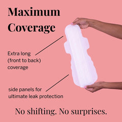 Pixie Cup long and wide postpartum pad provides secure coverage.