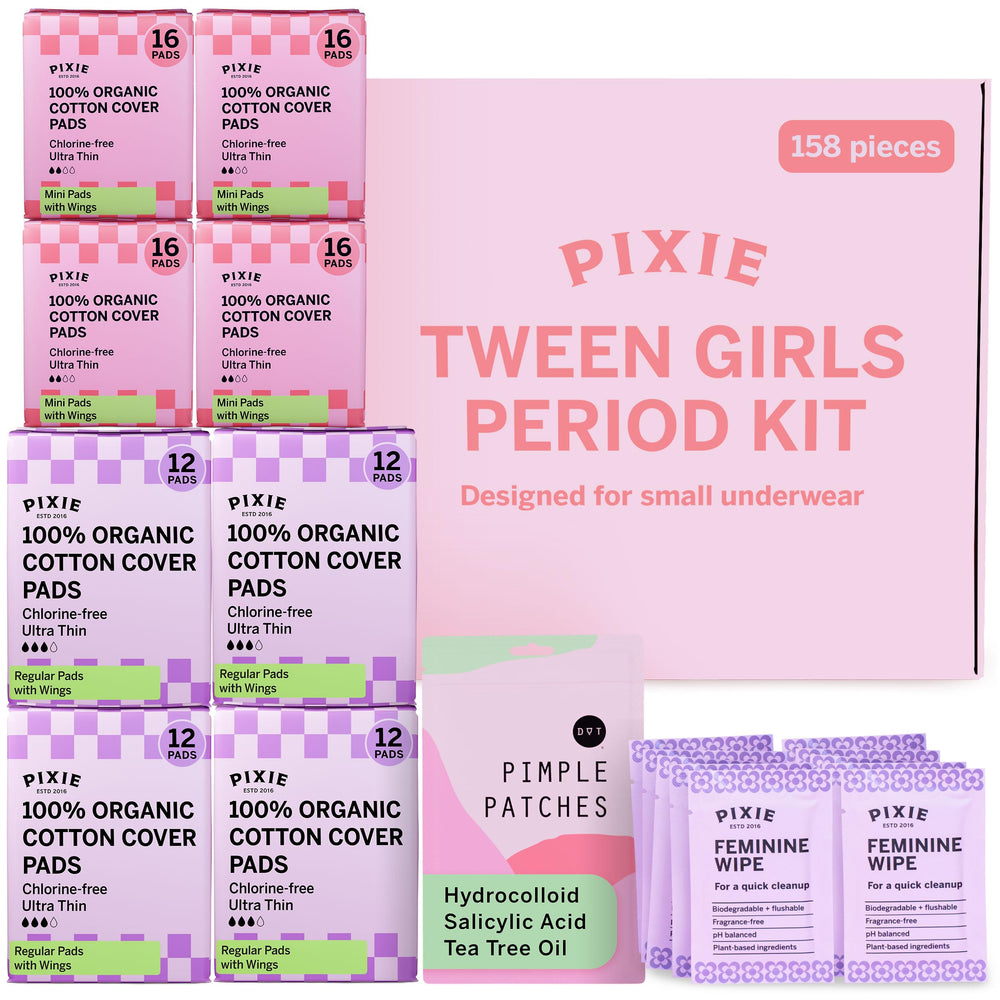Pixie Cup mini pads 64ct with organic cotton covers for light flows and comfort.