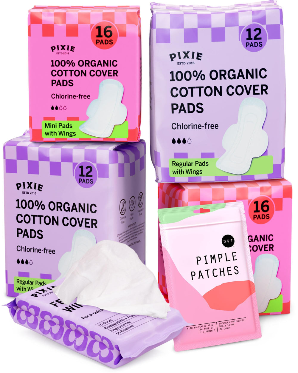 Pixie Cup mini pads packaging highlights organic cotton cover for gentle protection