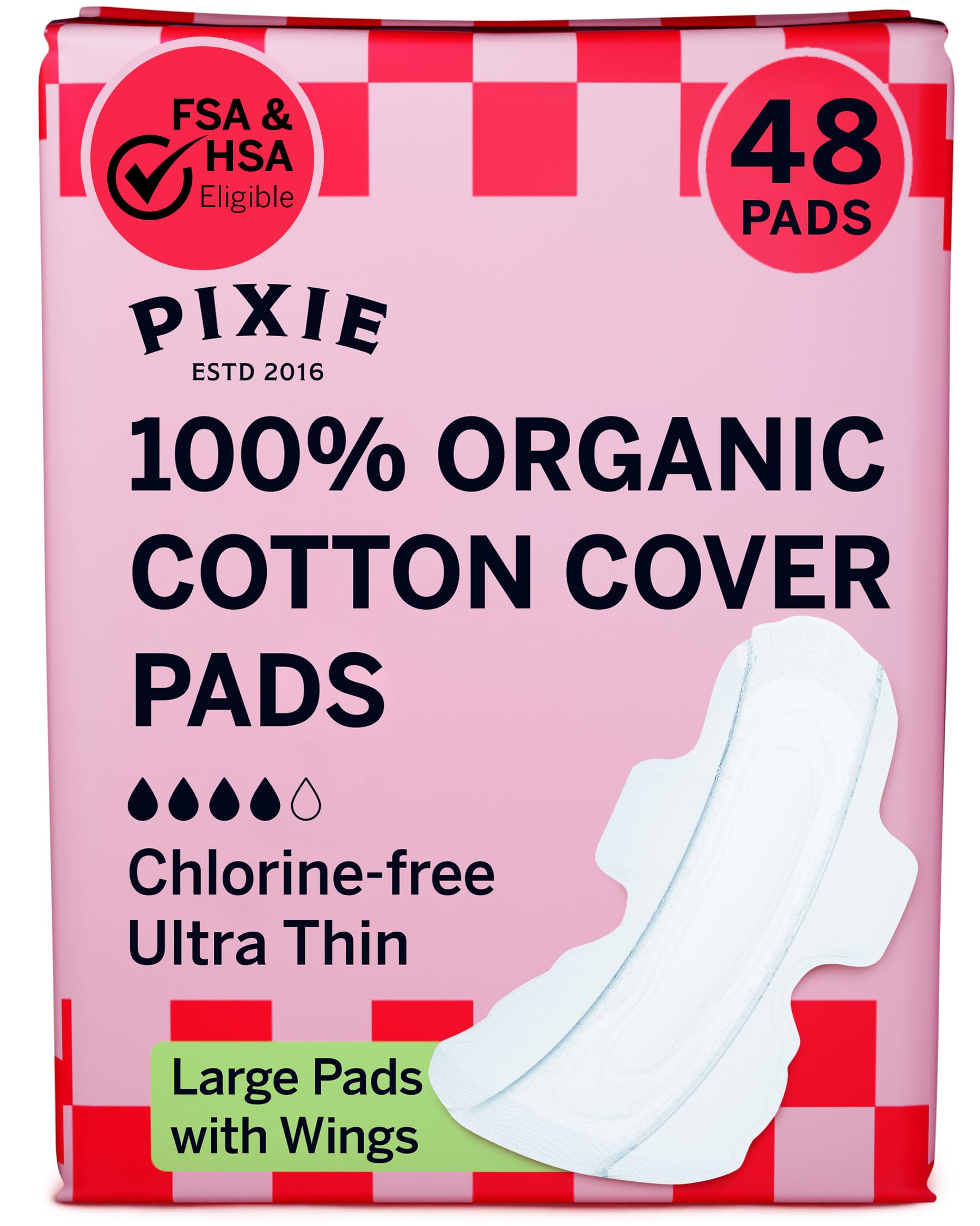 Pixie Cup organic cotton pads pack shot for discreet, all-natural protection.