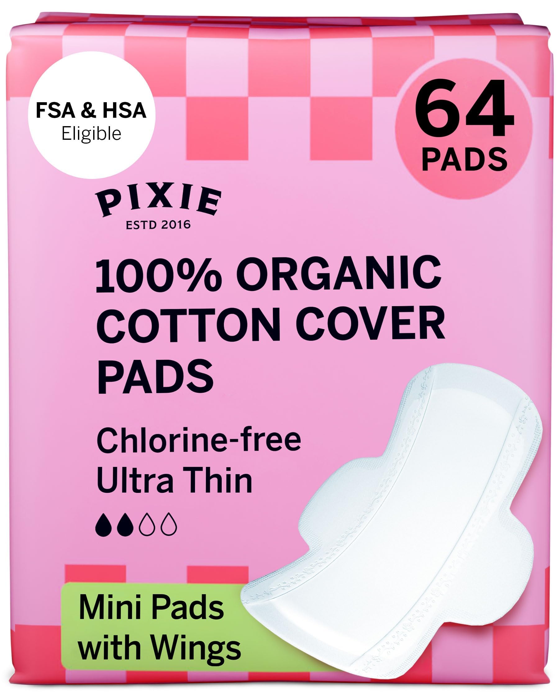 Pixie Cup teen mini pad packaging with eco-friendly labeling.