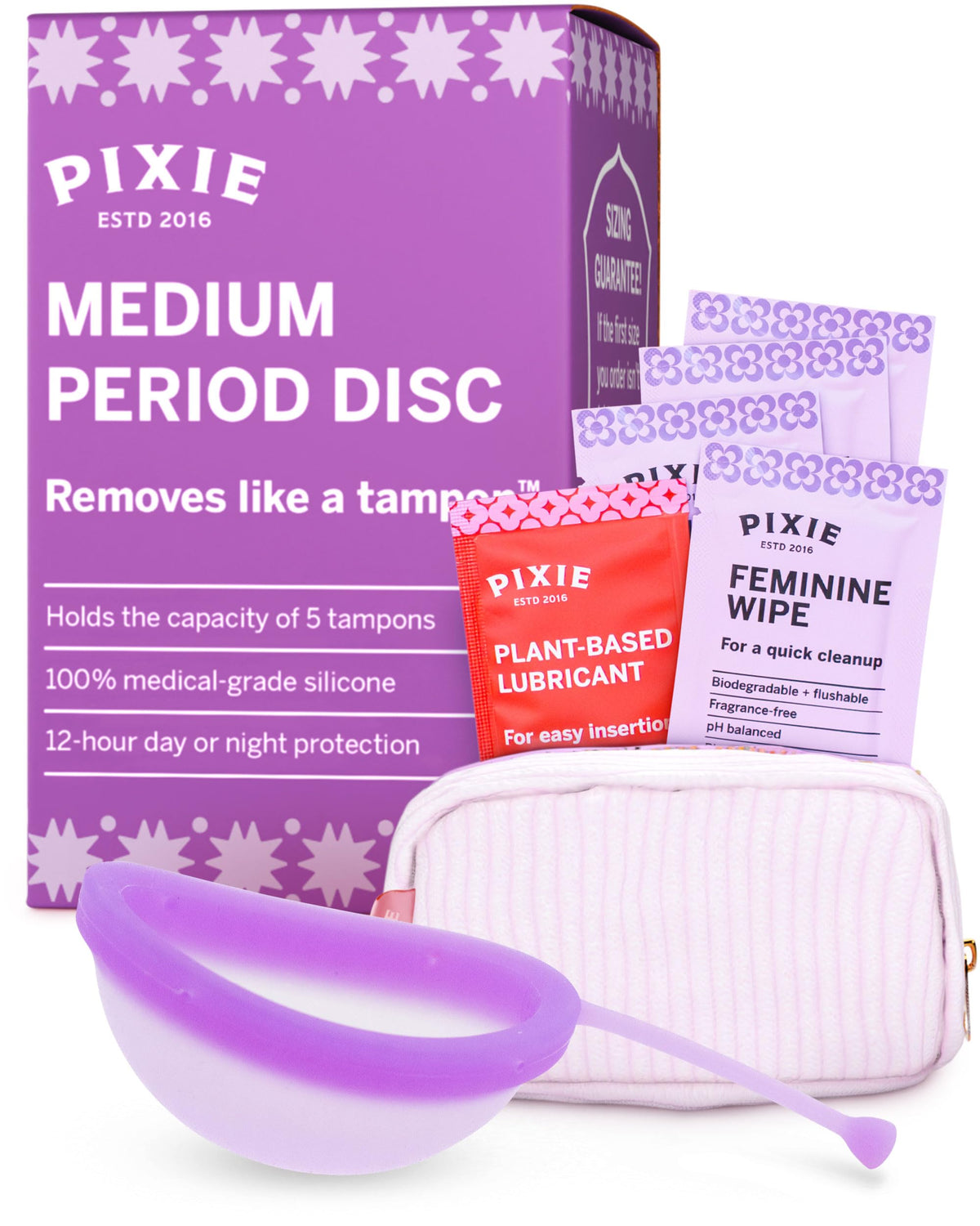 Pixie Cup Period Disc bottle packaging highlights medical-grade silicone for safe use.