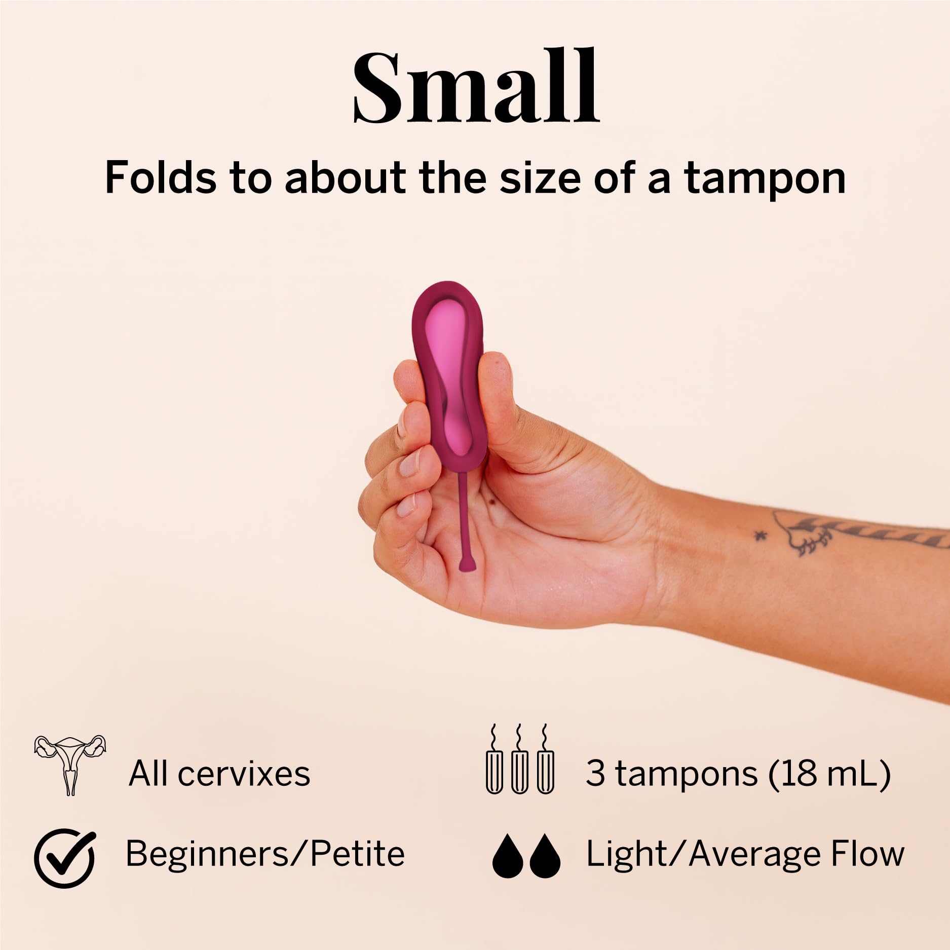 Pixie Cup menstrual disc capacity equals three tampons for extended wear.