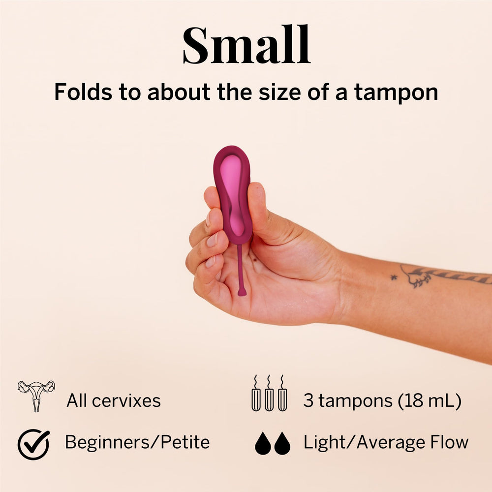 Pixie Cup menstrual disc capacity equals three tampons for extended wear.