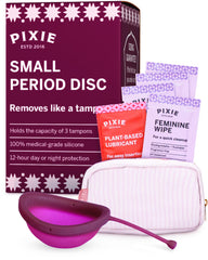 Pixie Cup menstrual disc closeup shows premium silicone for comfortable wear.
