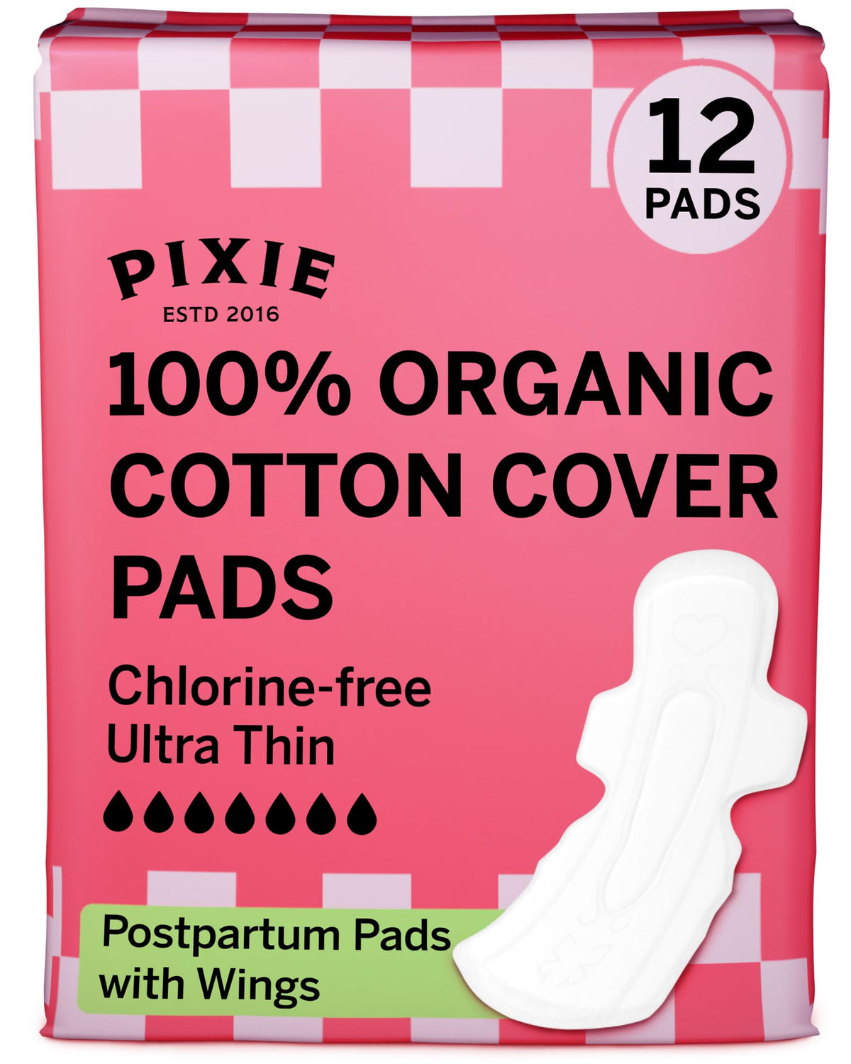Pixie Cup postpartum pad with wings for secure extra-heavy absorption.