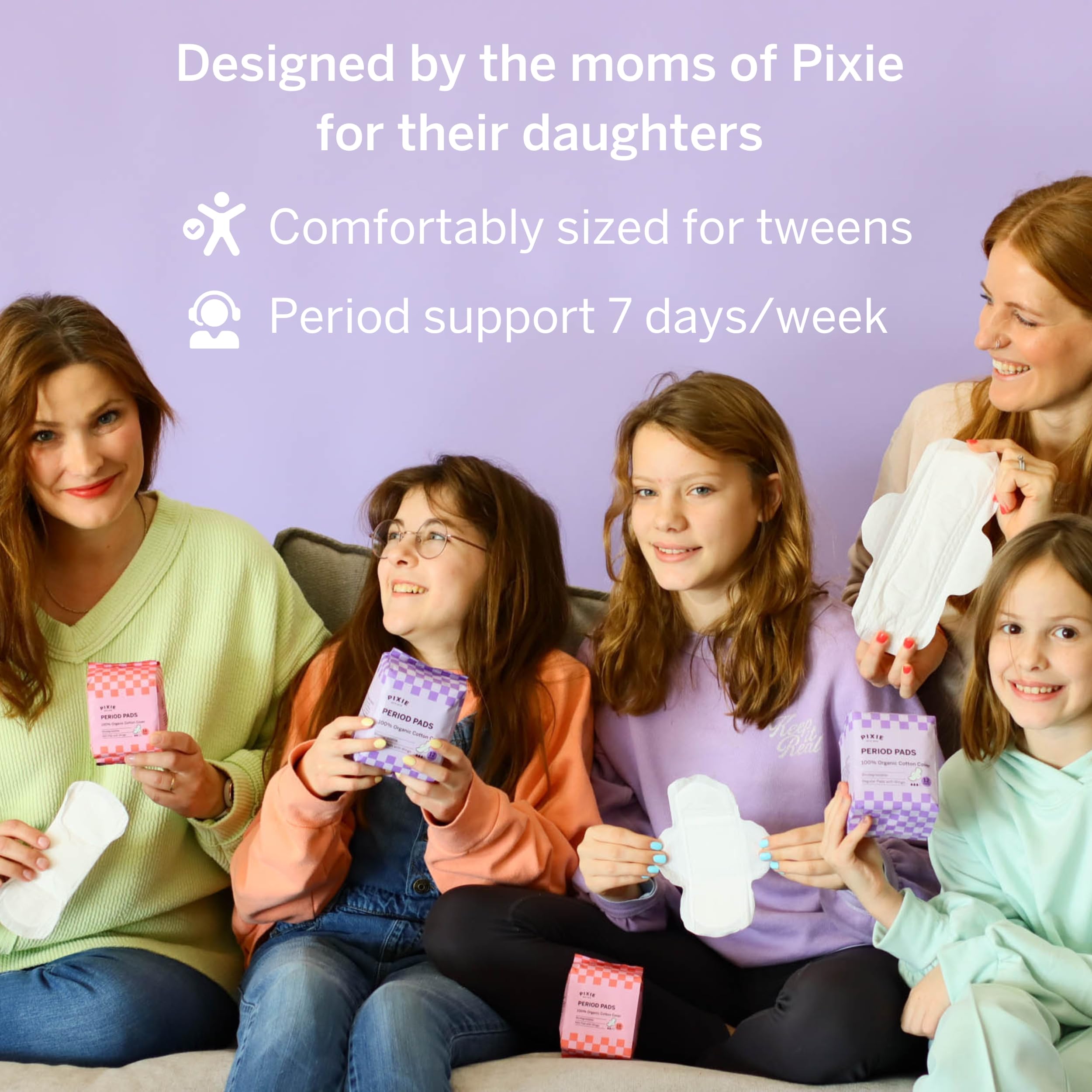 Pixie Cup regular pads packaging emphasizes leak-proof wings for reliable daily wear