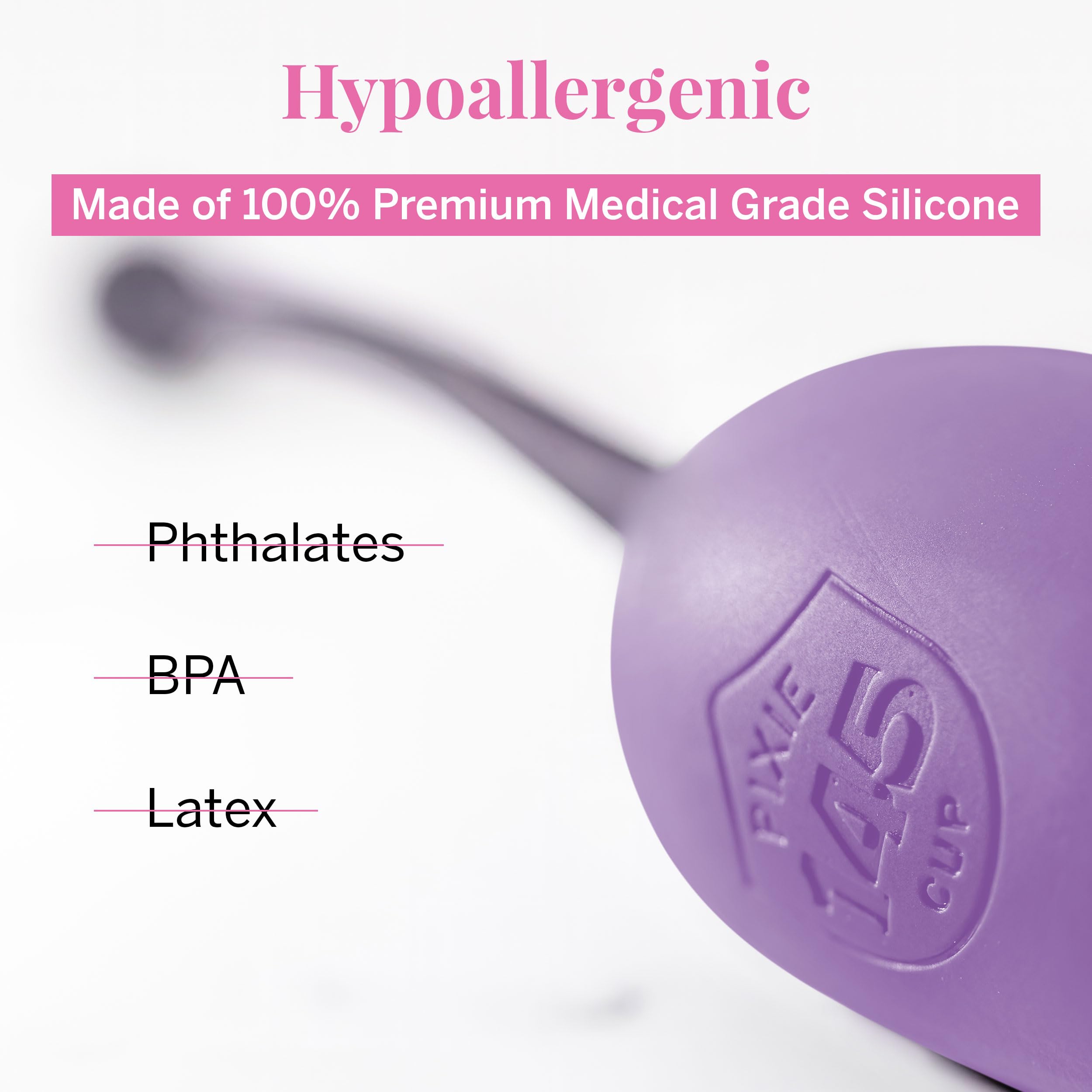 Pixie Cup safety-materials label shows BPA-free, phthalate-free, latex-free composition.