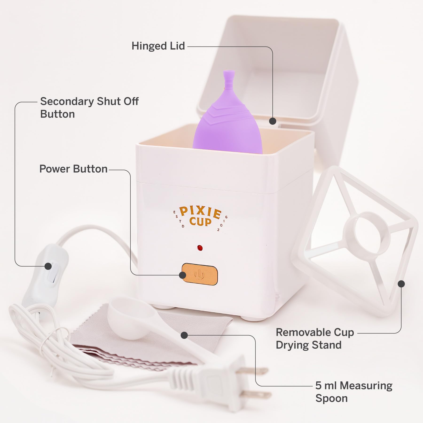 Pixie Cup steamer with indicator panel visible on device.