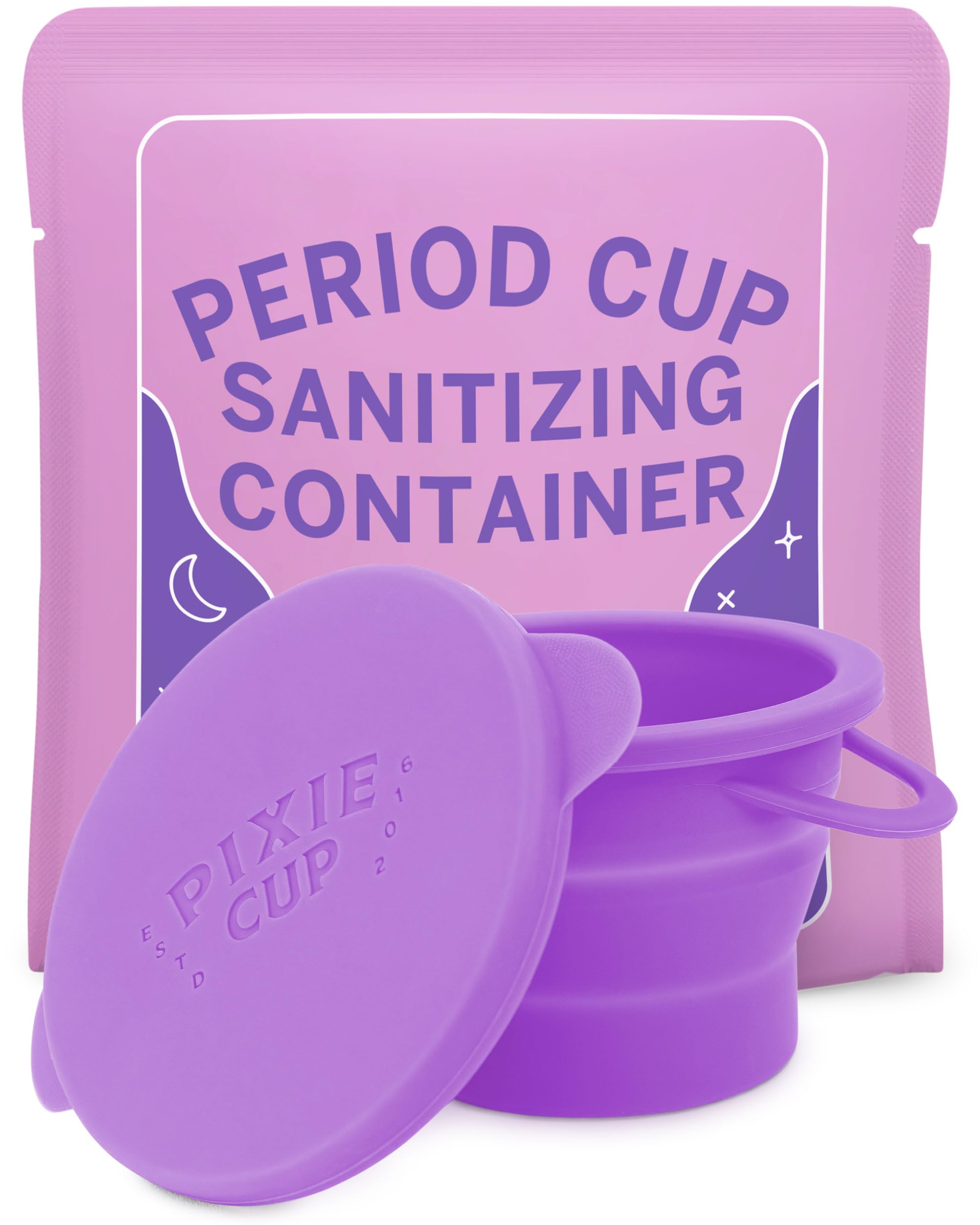 Pixie Cup sterilizing container collapsible design saves space for on-the-go care.