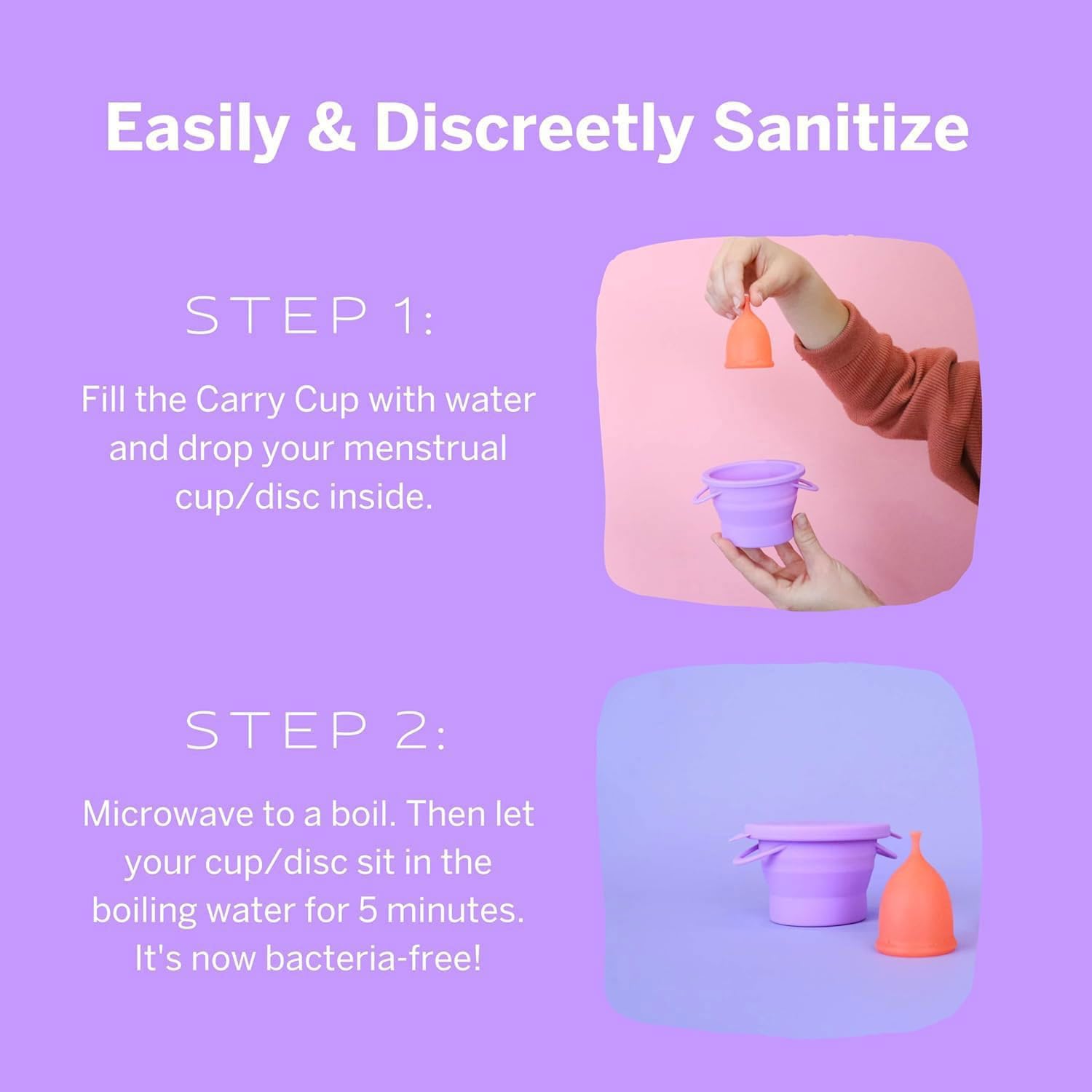Pixie Cup sterilizing container fits in your bag for discreet travel.
