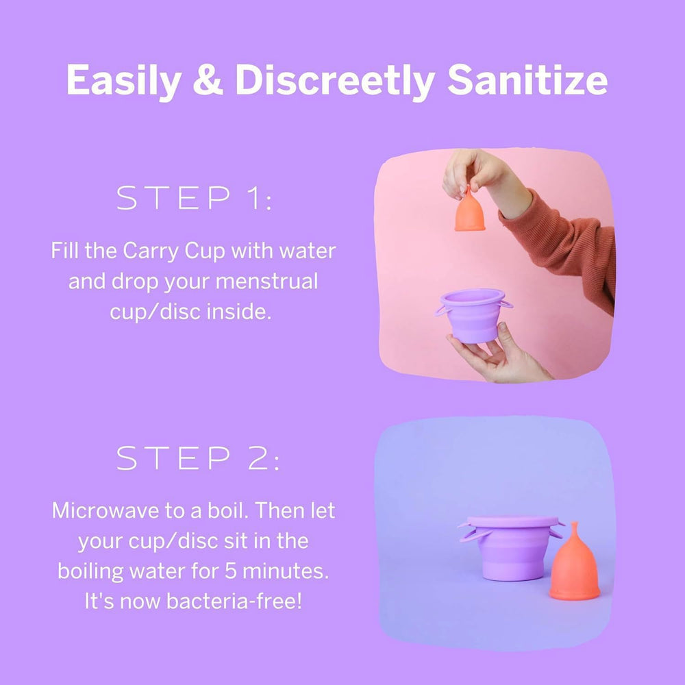 Pixie Cup sterilizing container fits in your bag for discreet travel.