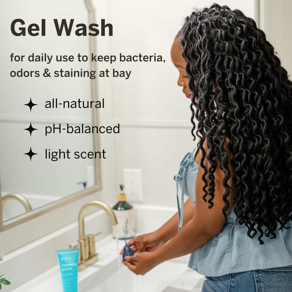 Pixie Wash feminine image featuring gentle cleansing for private care