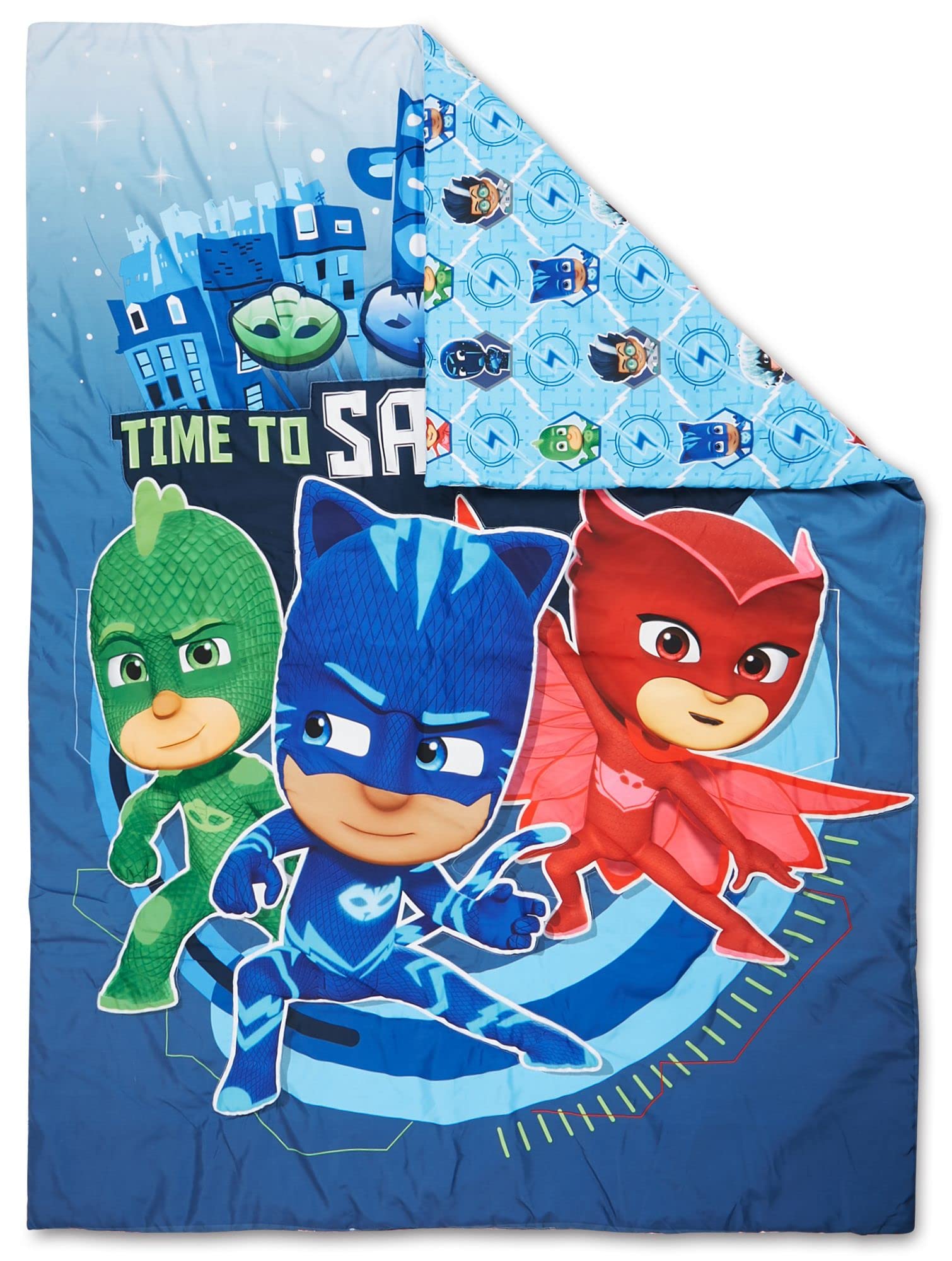 PJ Masks fitted sheet in bold blue supports comfy toddler sleep