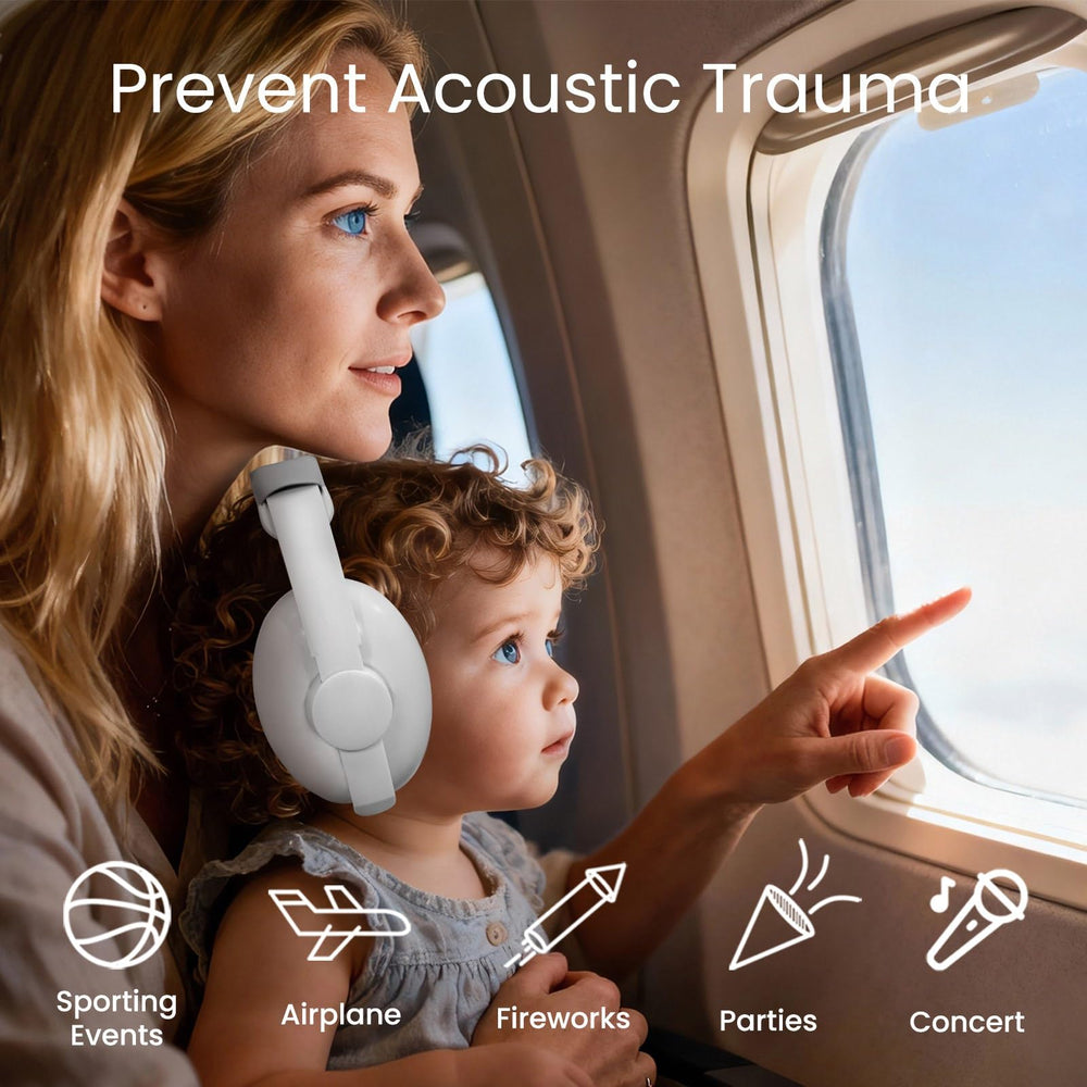 PLANTURECO Baby Headphones plane travel use in cabin scenario.