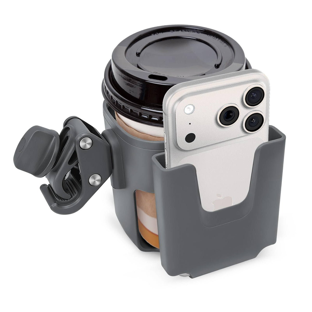 PLANTURECO 2-in-1 holder on stroller handle keeps drinks and phone within reach.